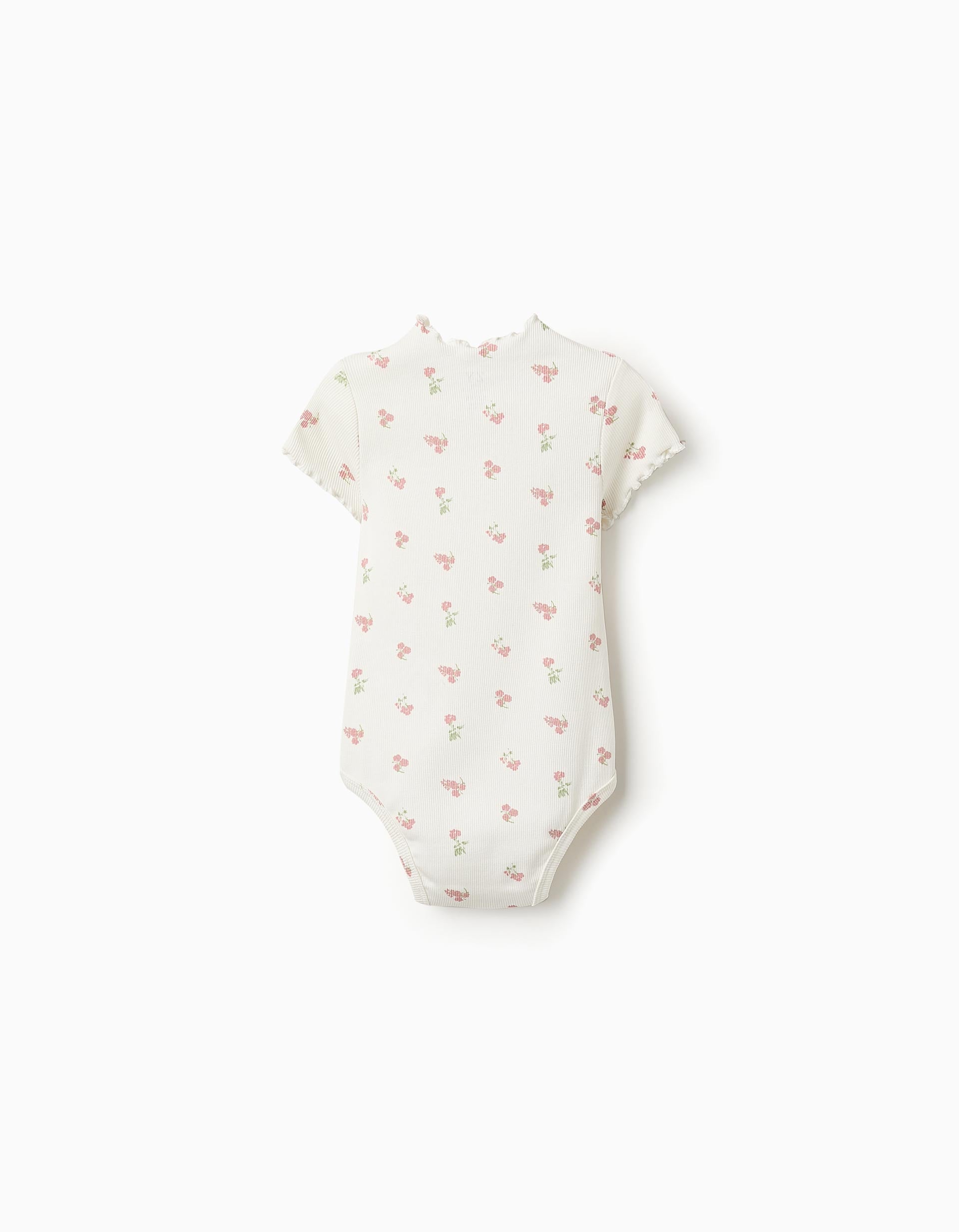 Body Canelado Floral para Bebé Menina, Branco