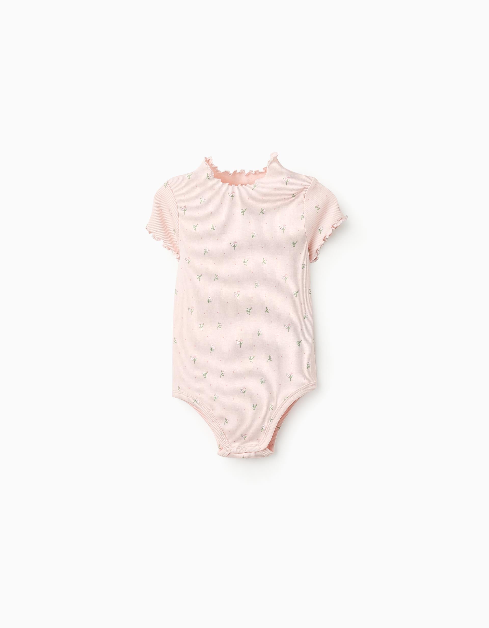 Body Canelado Floral para Bebé Menina, Rosa