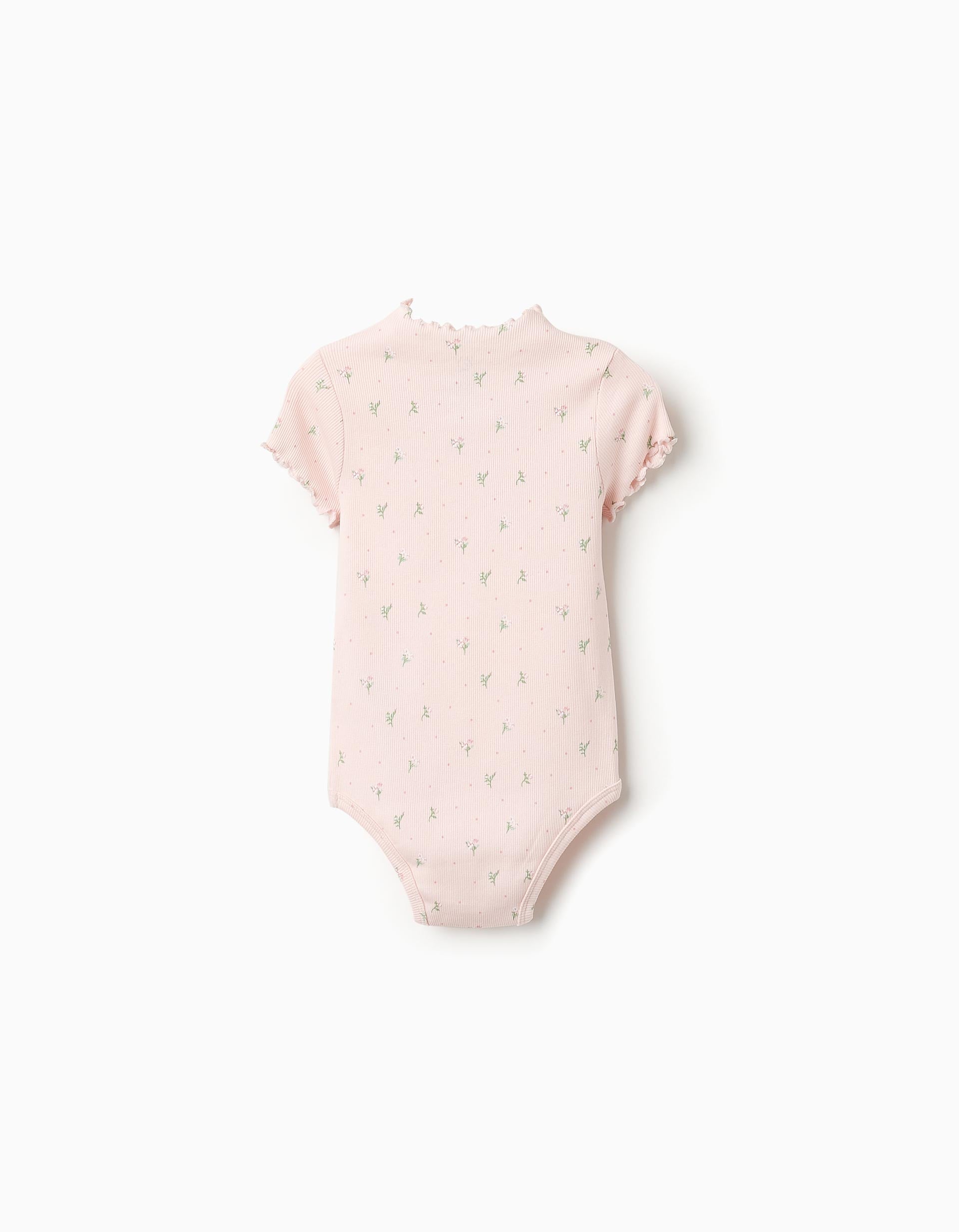 Body Canelado Floral para Bebé Menina, Rosa