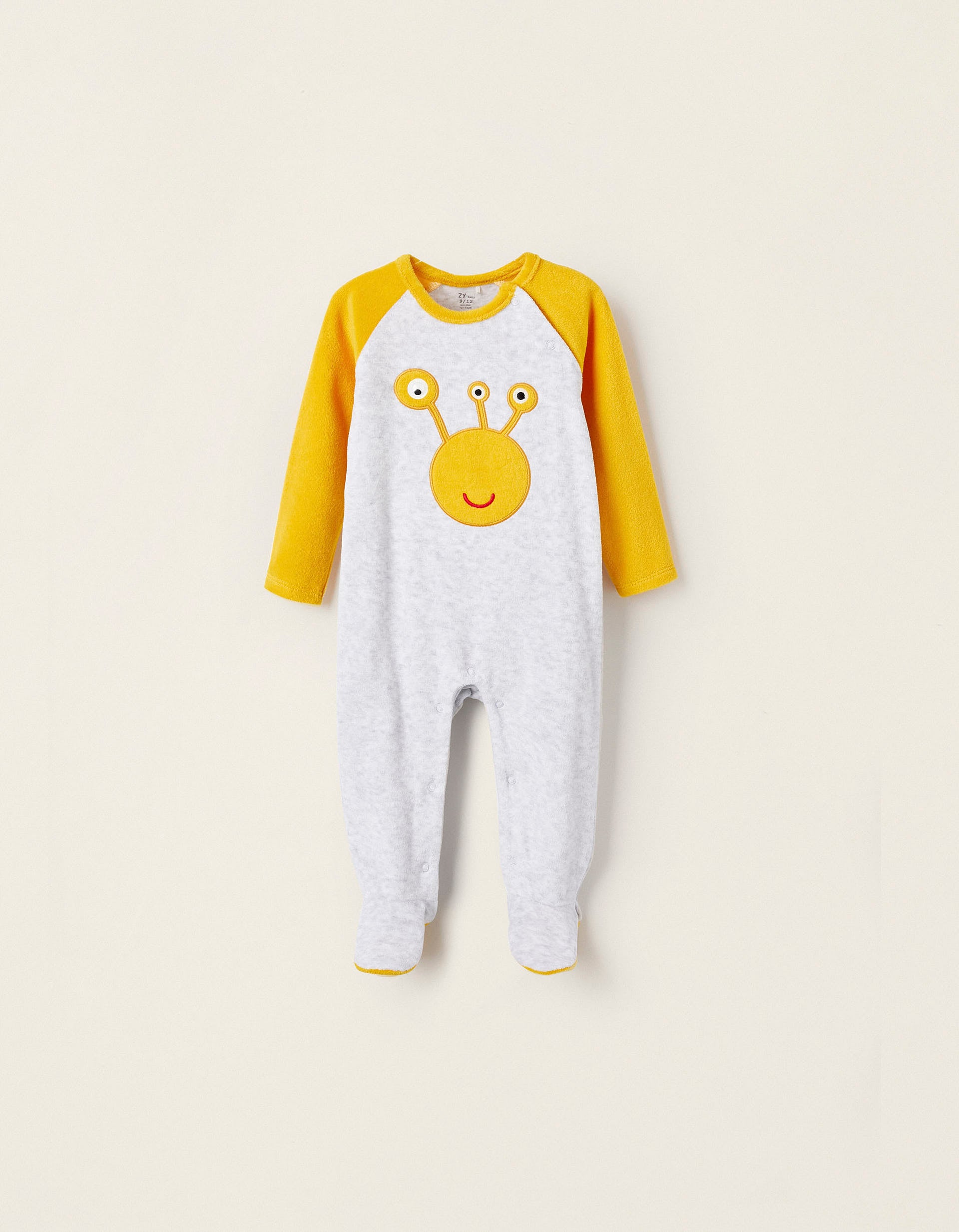 Velvet Babygrow with Eye for Baby Boy 'Alien', Grey/Yellow