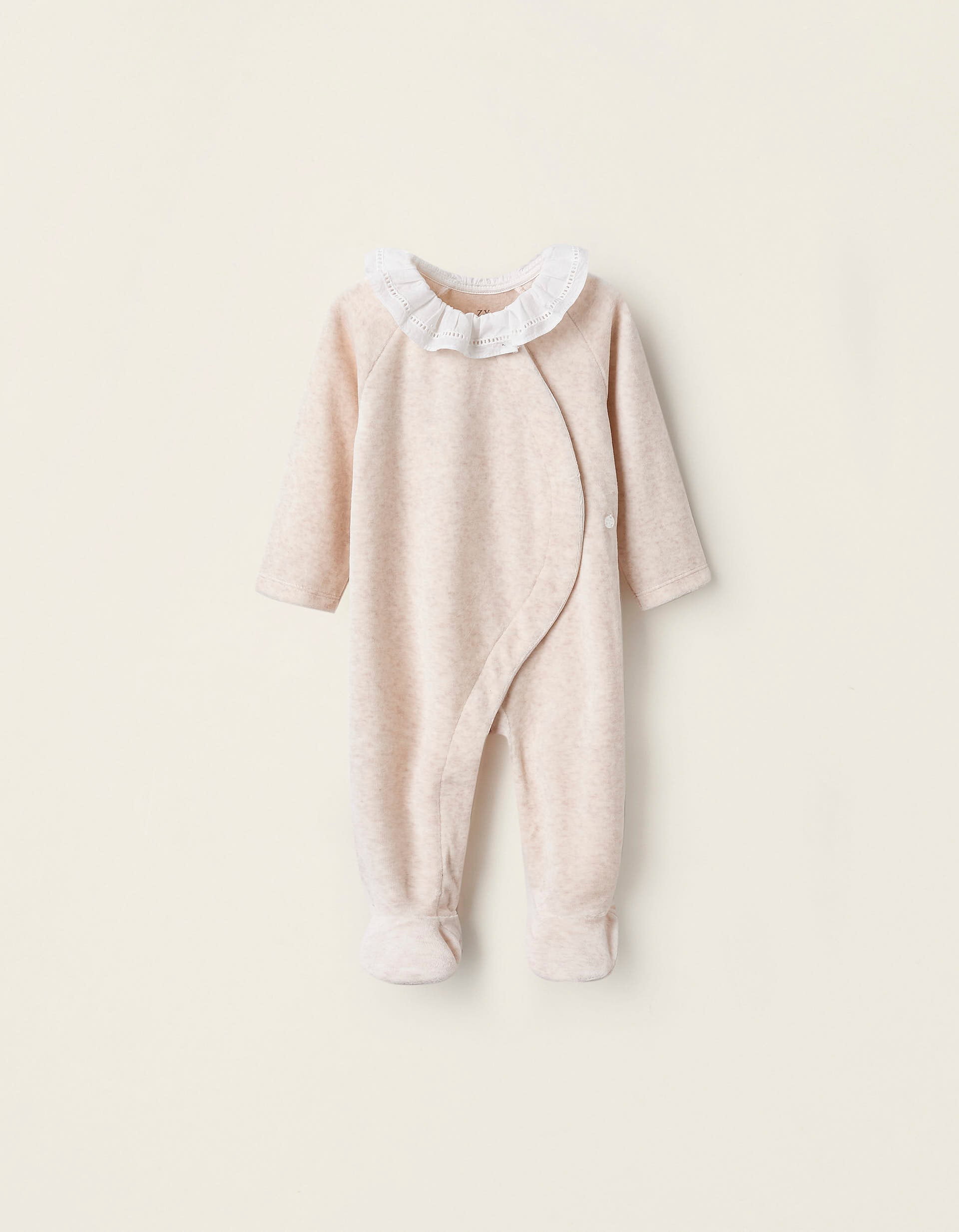 Velours Sleepsuit with Ruffle Collar for Newborn Girls, Beige