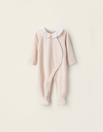 Pelele de Terciopelo con Cuello de Volantes para Recién Nacida, Beige