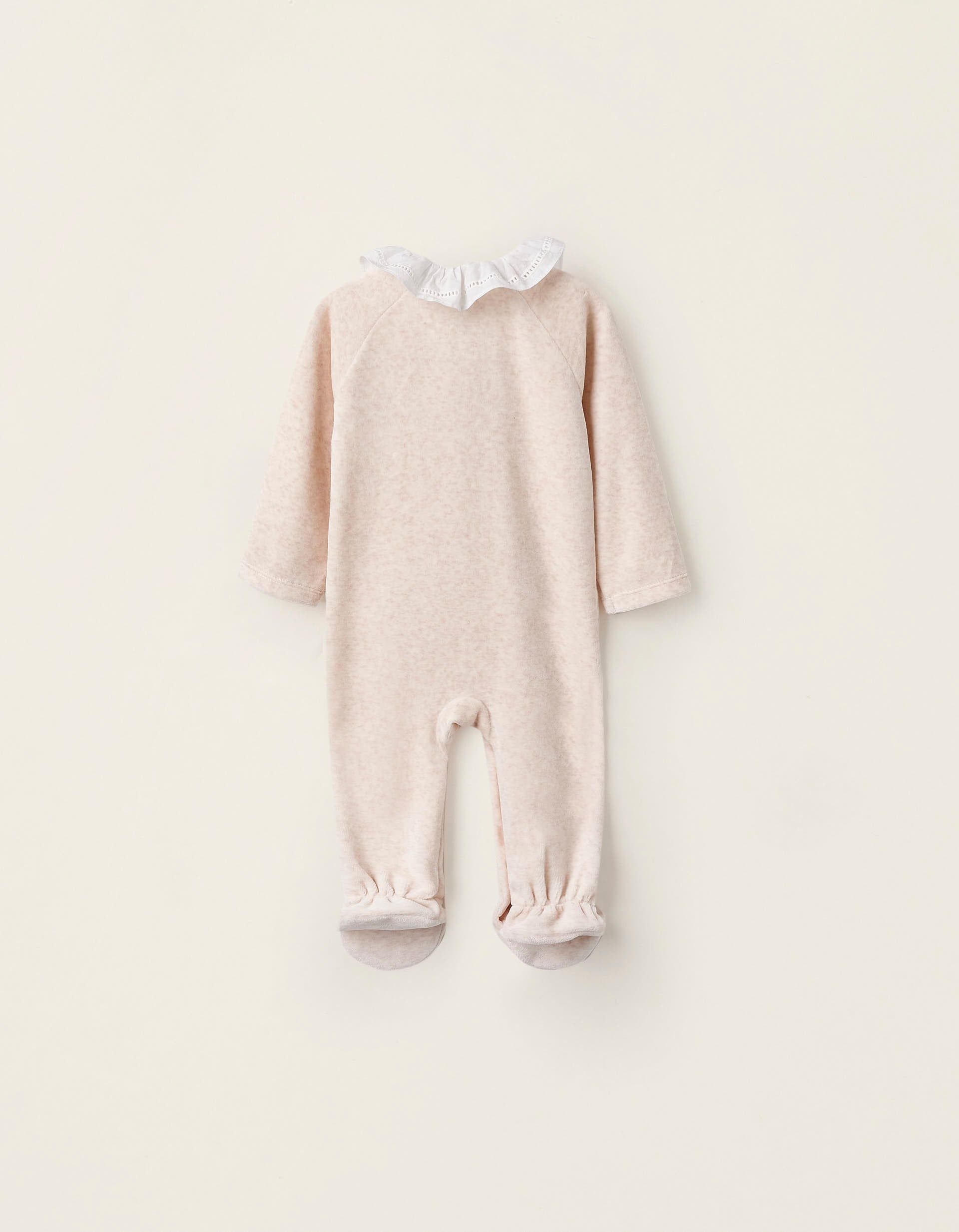 Velours Sleepsuit with Ruffle Collar for Newborn Girls, Beige