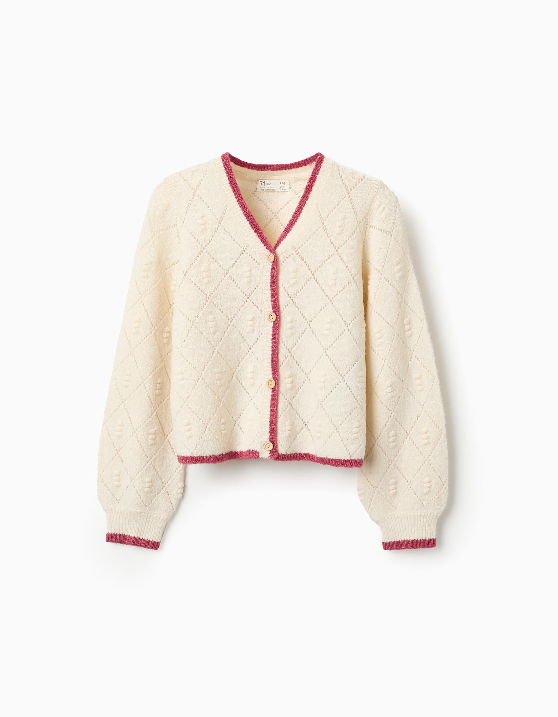 Chaqueta de Punto con Texturas para Niña, Blanco/Rosa