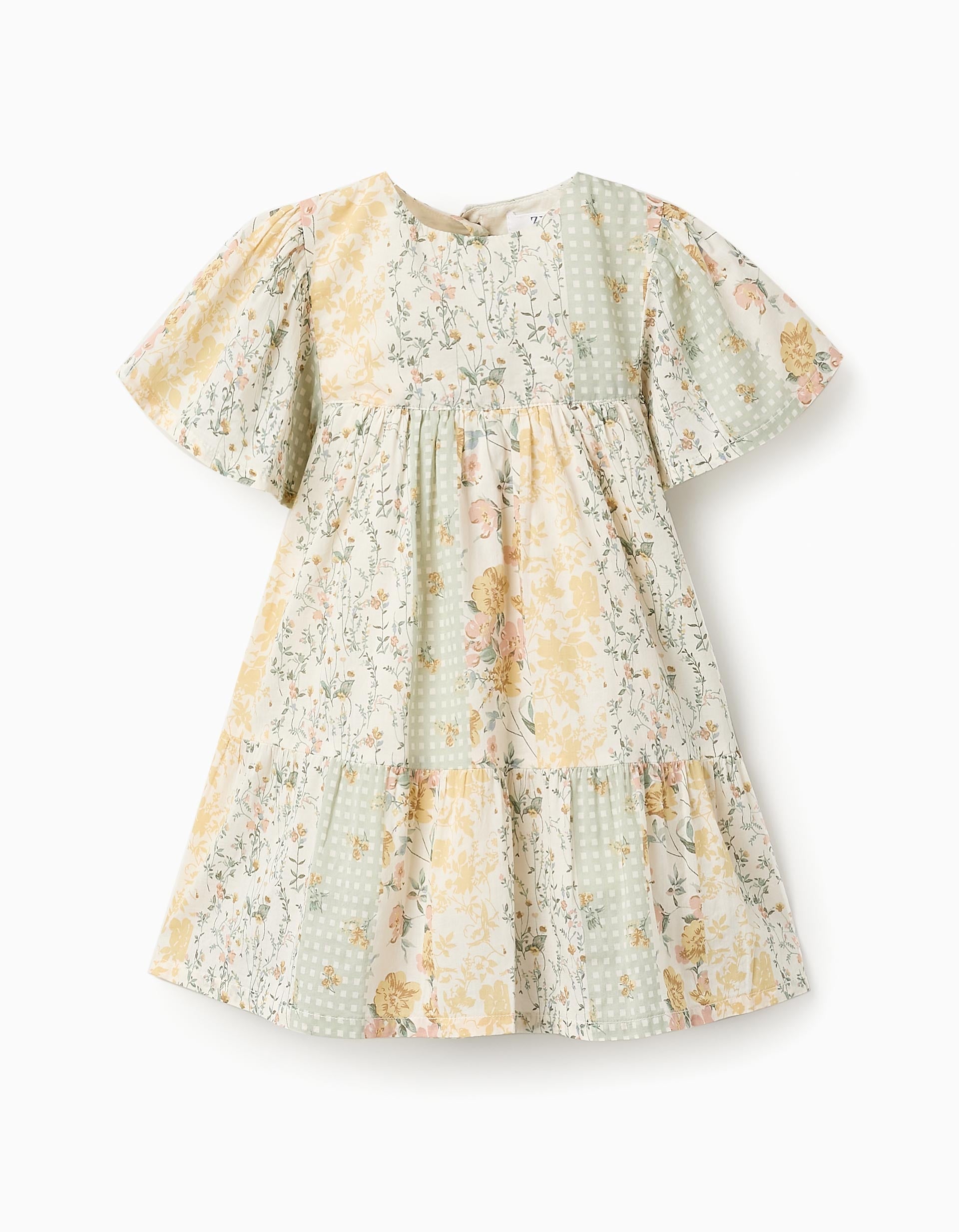 Vestido Floral de Algodão para Bebé Menina, Verde/Bege/Rosa