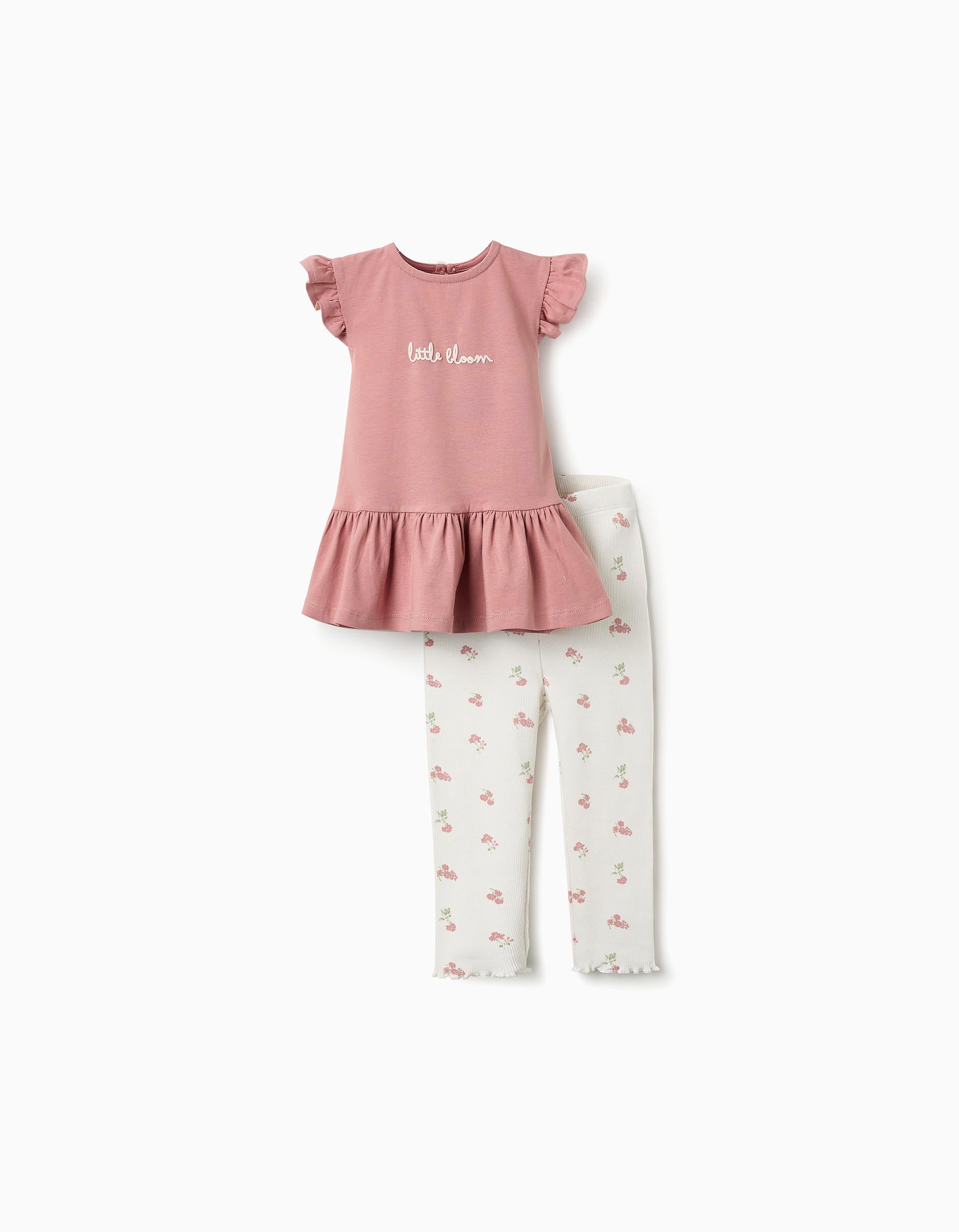 Top + Calças Caneladas Floral para Bebé Menina, Rosa/Branco