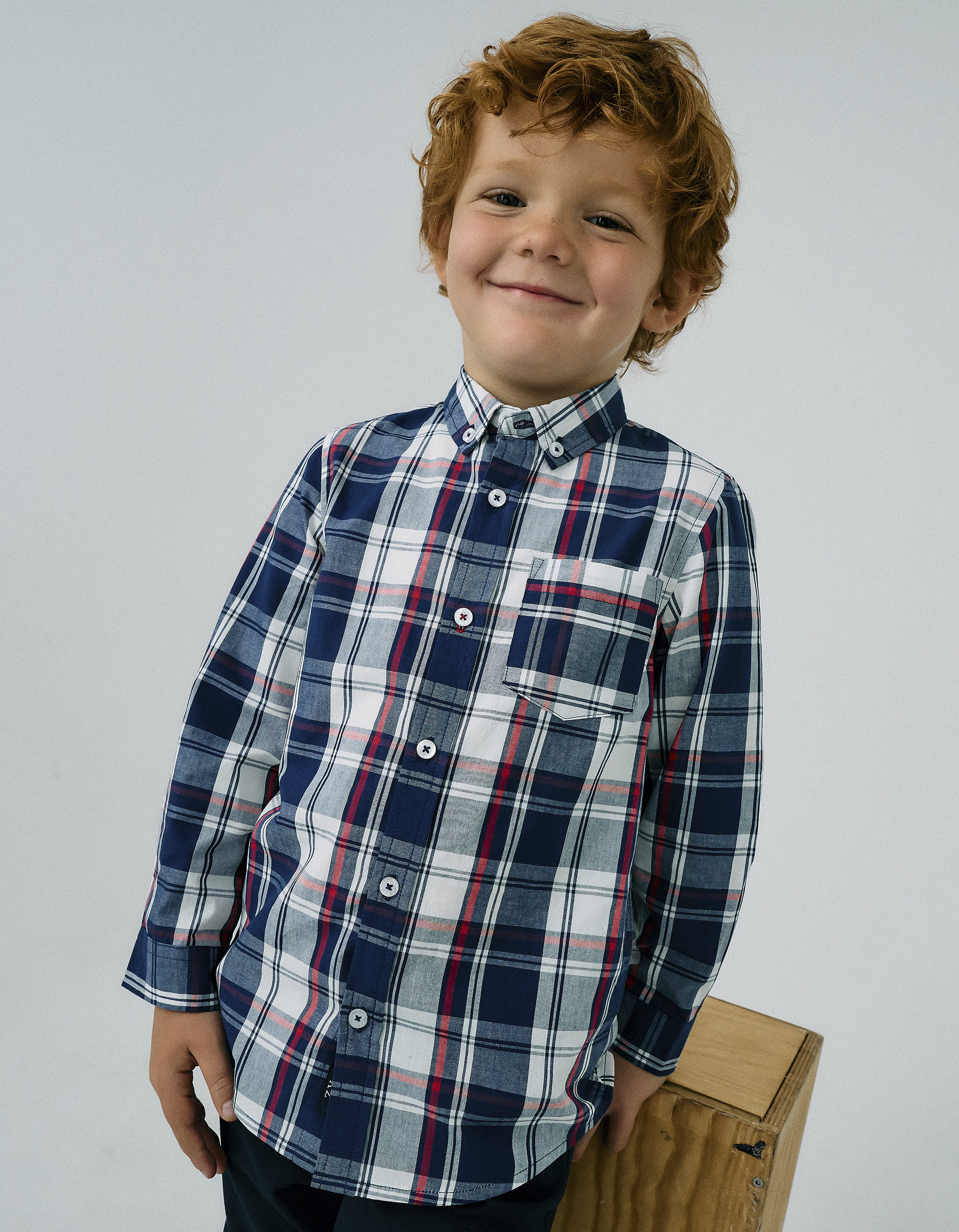 Camisa de Algodón con Cuadros para Niño, Azul/Rojo