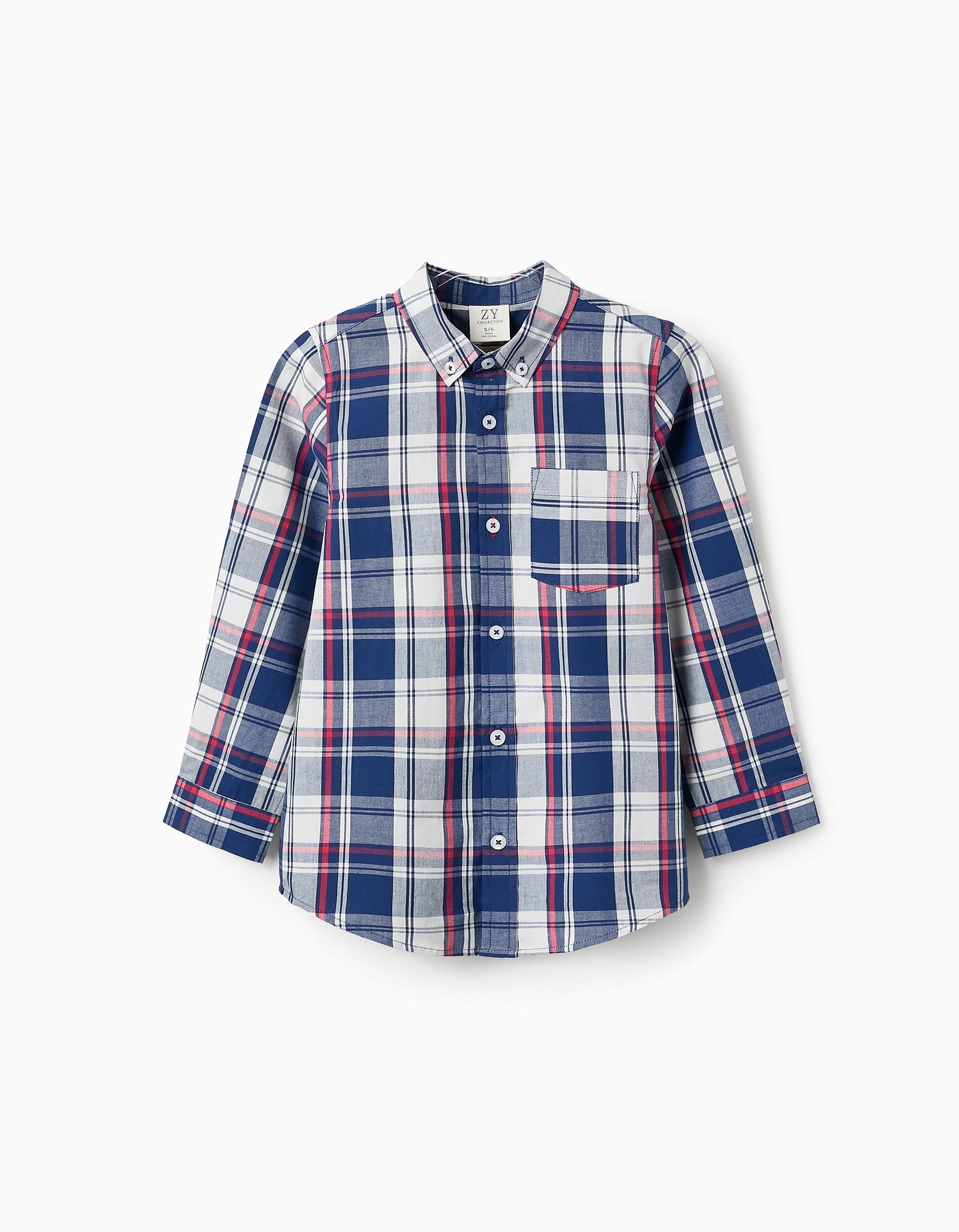 Camisa de Algodão com Xadrez para Menino, Azul/Vermelho