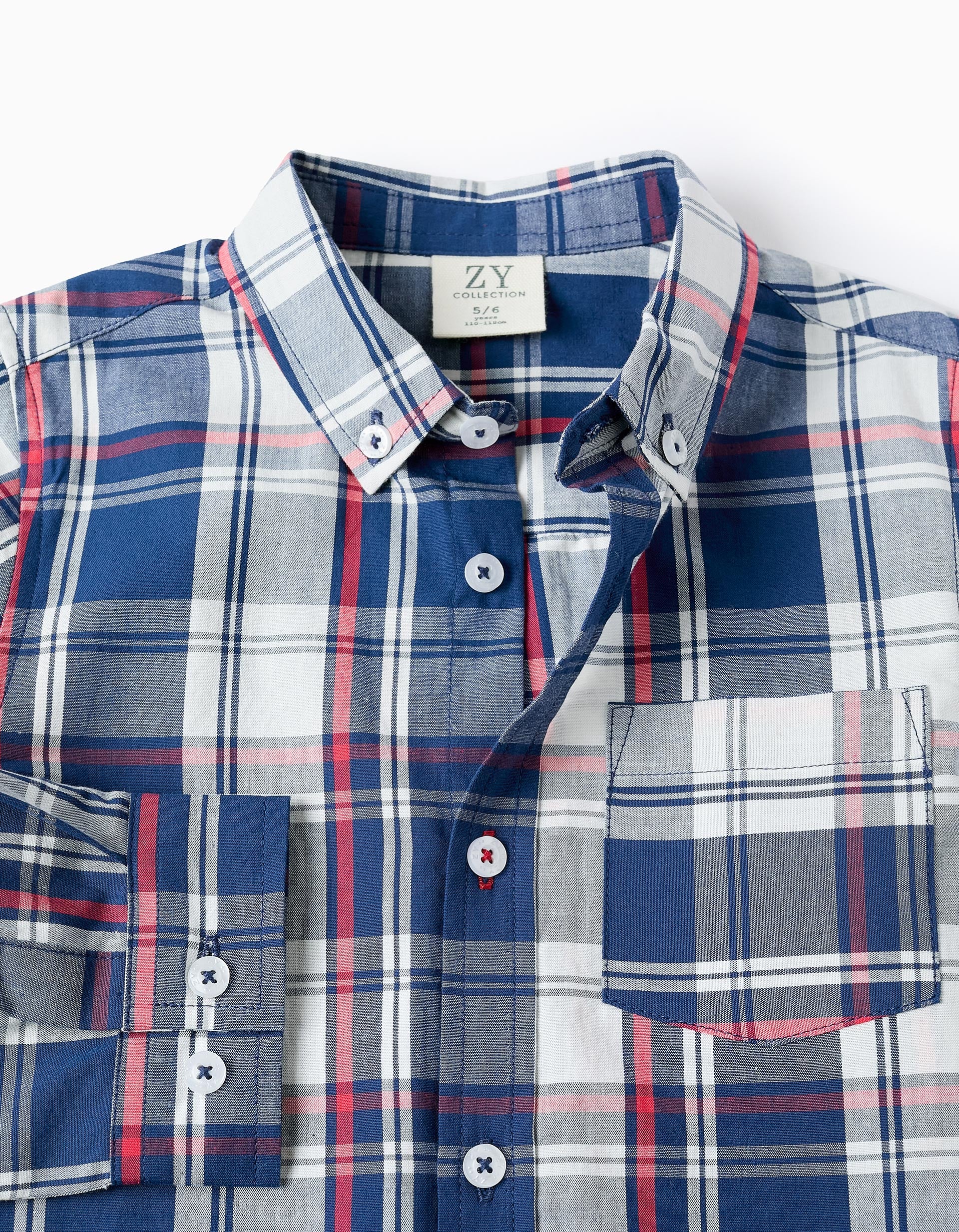 Camisa de Algodón con Cuadros para Niño, Azul/Rojo