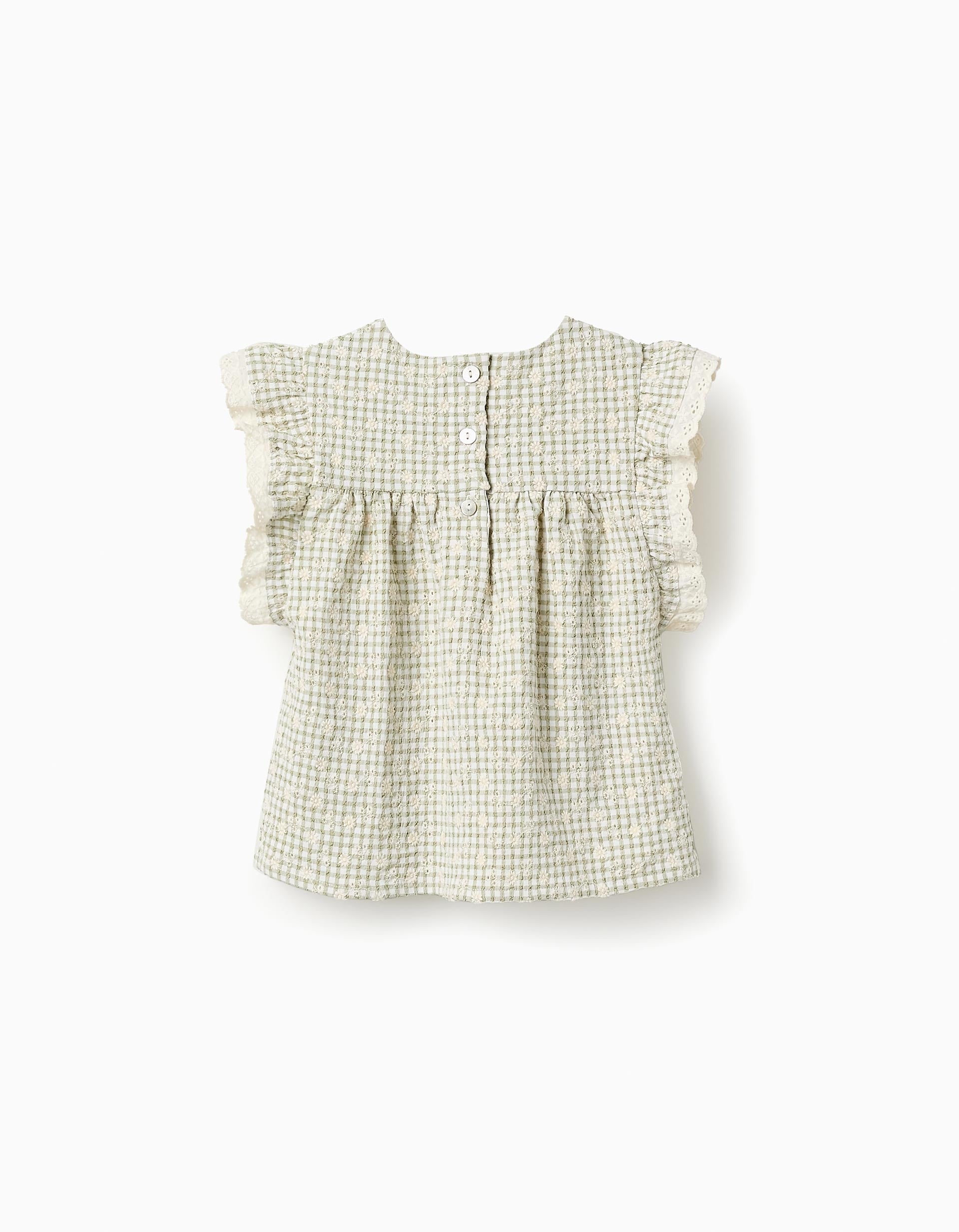 Top Vichy com Bordados para Bebé Menina, Verde/Branco