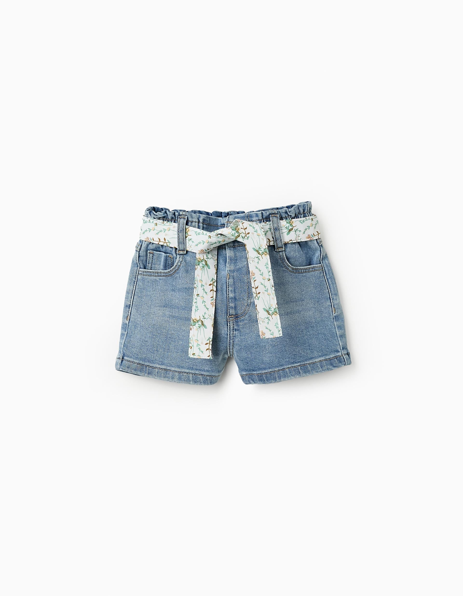 Short Vaquero con Cinta Floral para Bebé Niña, Azul