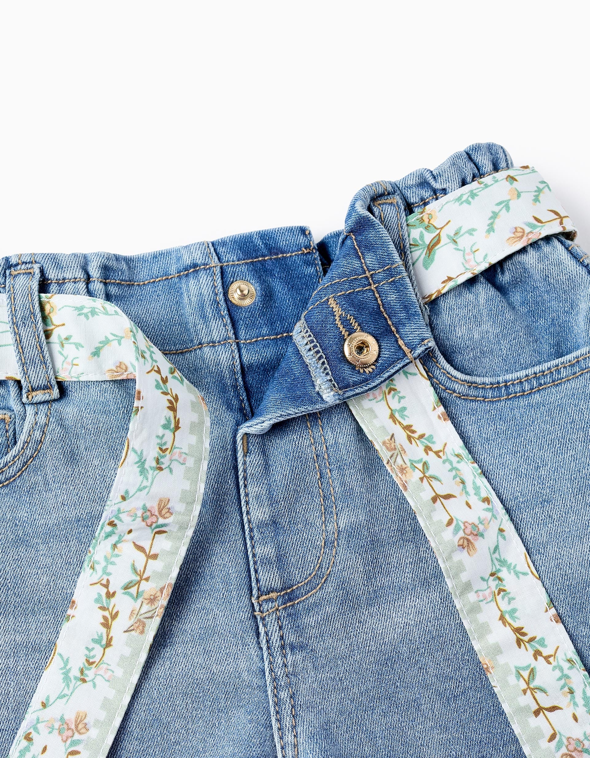 Short Vaquero con Cinta Floral para Bebé Niña, Azul