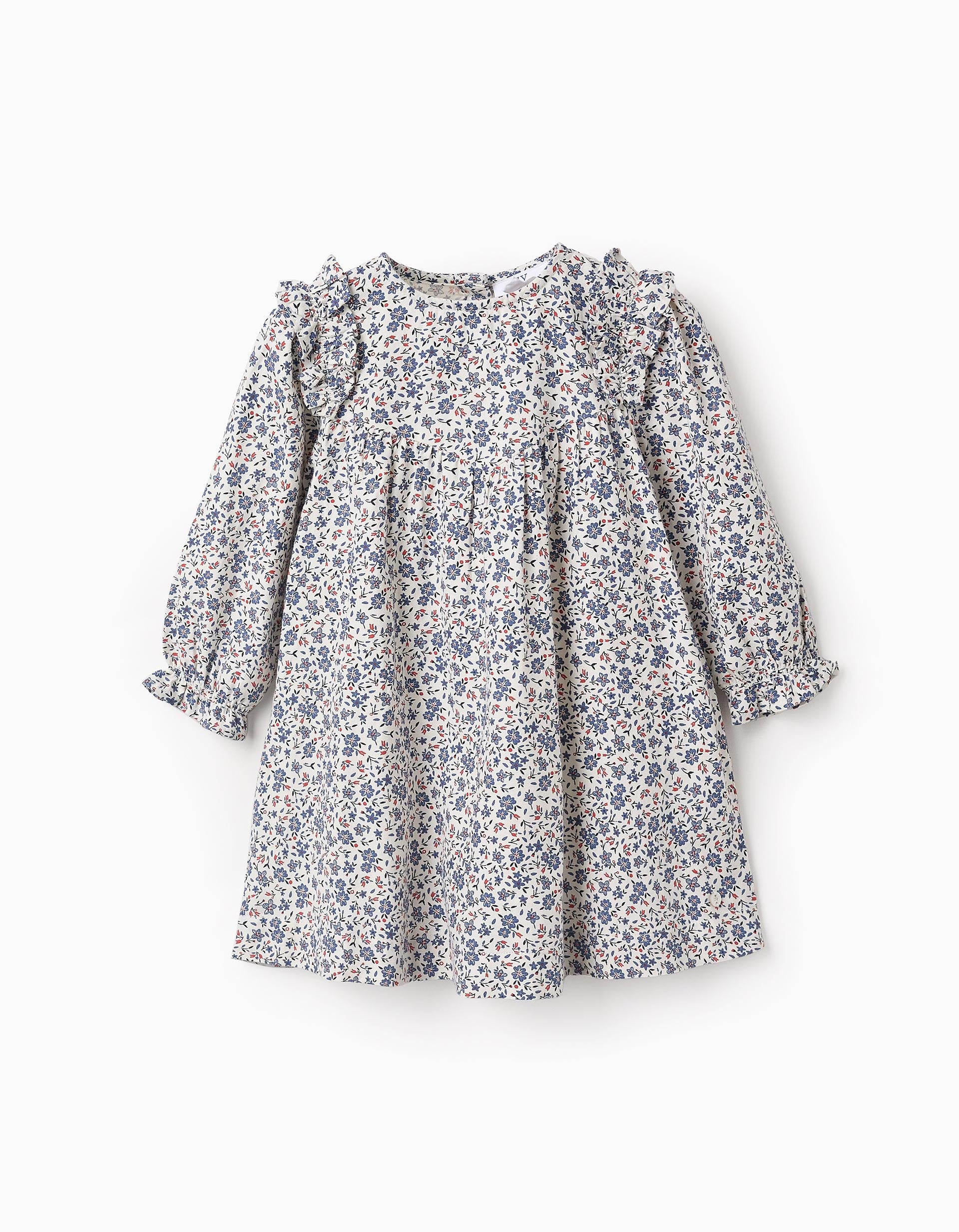 Vestido Floral em Algodão para Bebé Menina, Branco/Azul/Vermelho