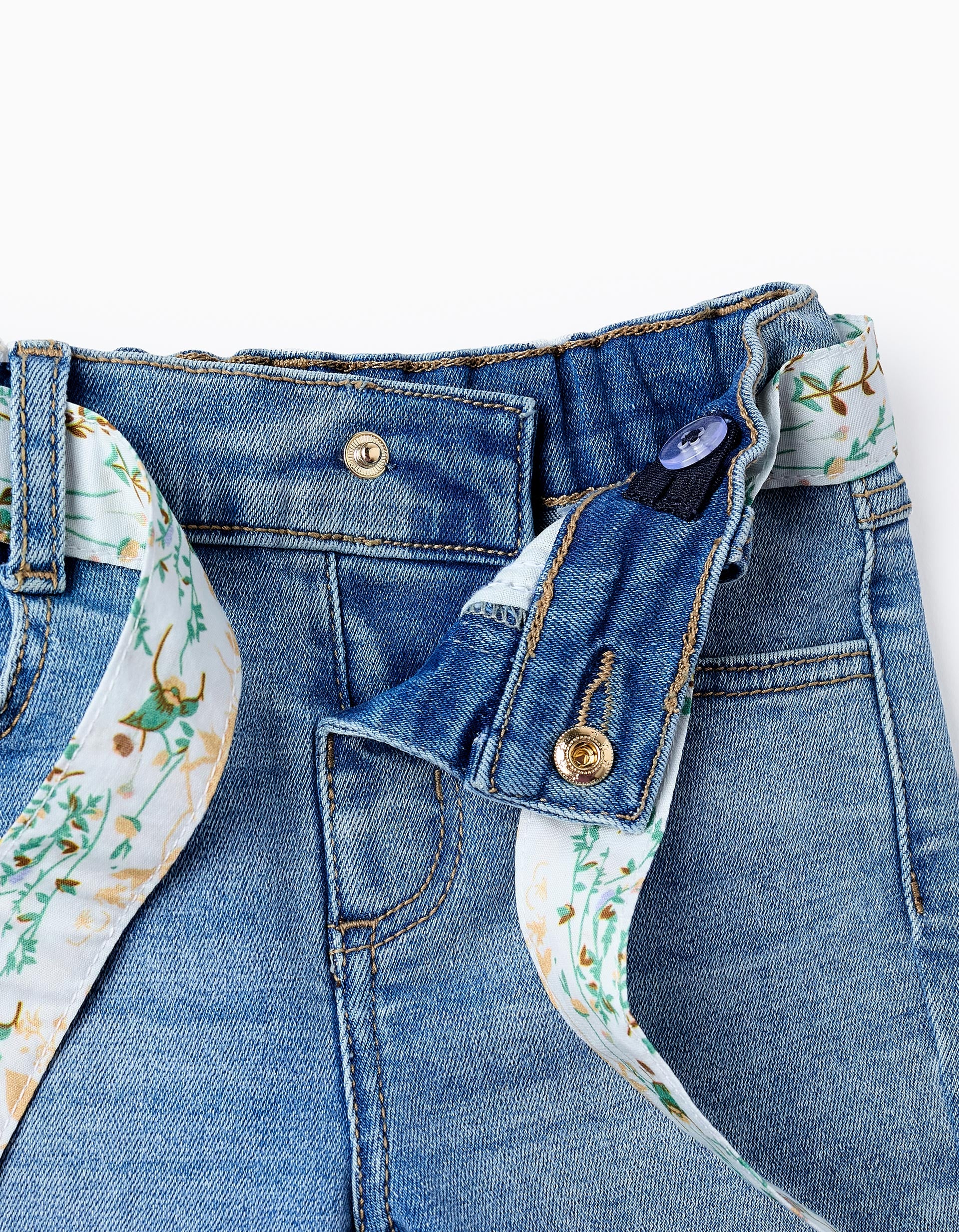 Denim Trousers with Floral Ribbon for Baby Girls, Blue