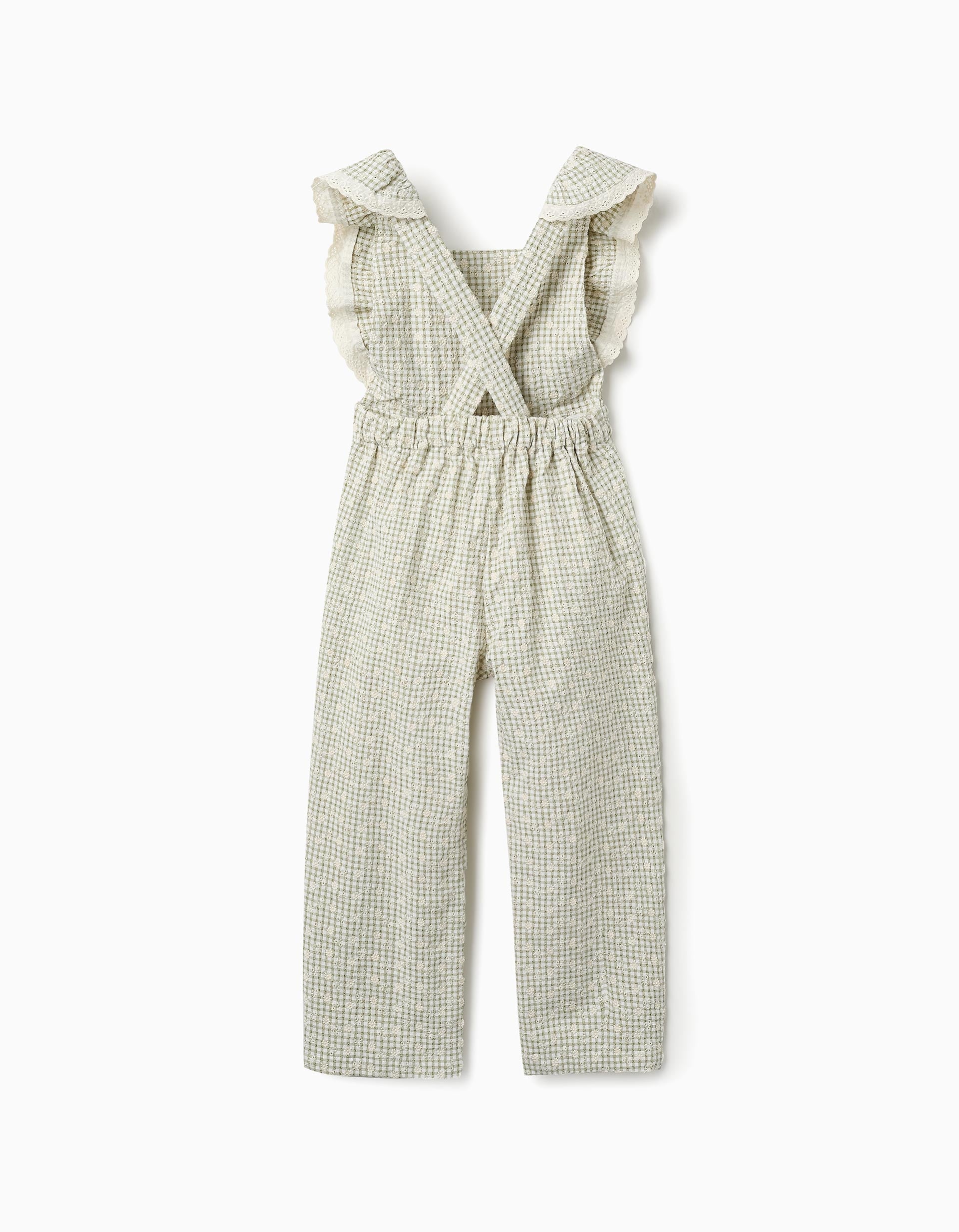 Salopette Vichy avec Broderies pour Fille, Vert/Blanc