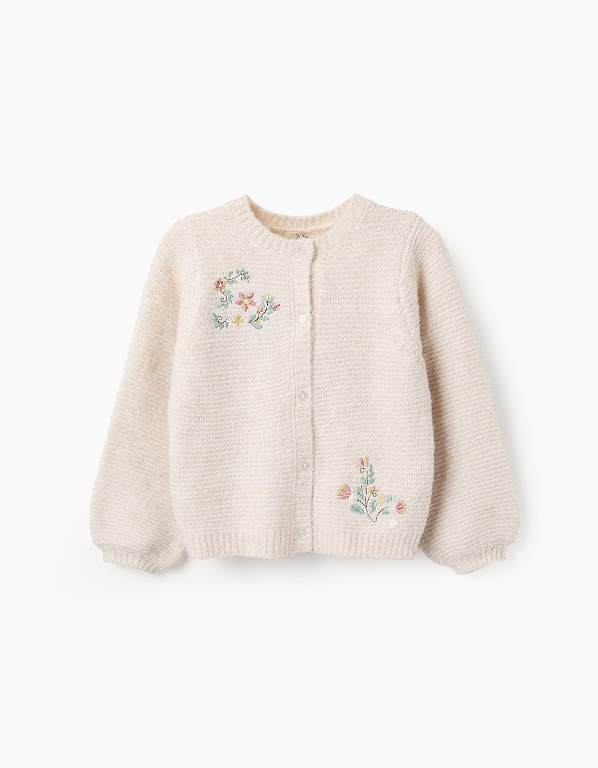 Cardigan with Floral Embroidery for Girls, Beige