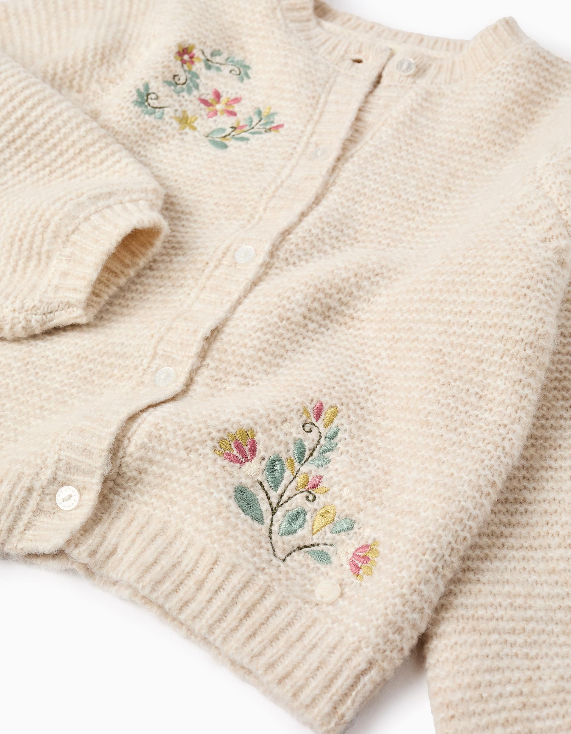 Chaqueta de Punto con Bordado Floral para Niña, Beige