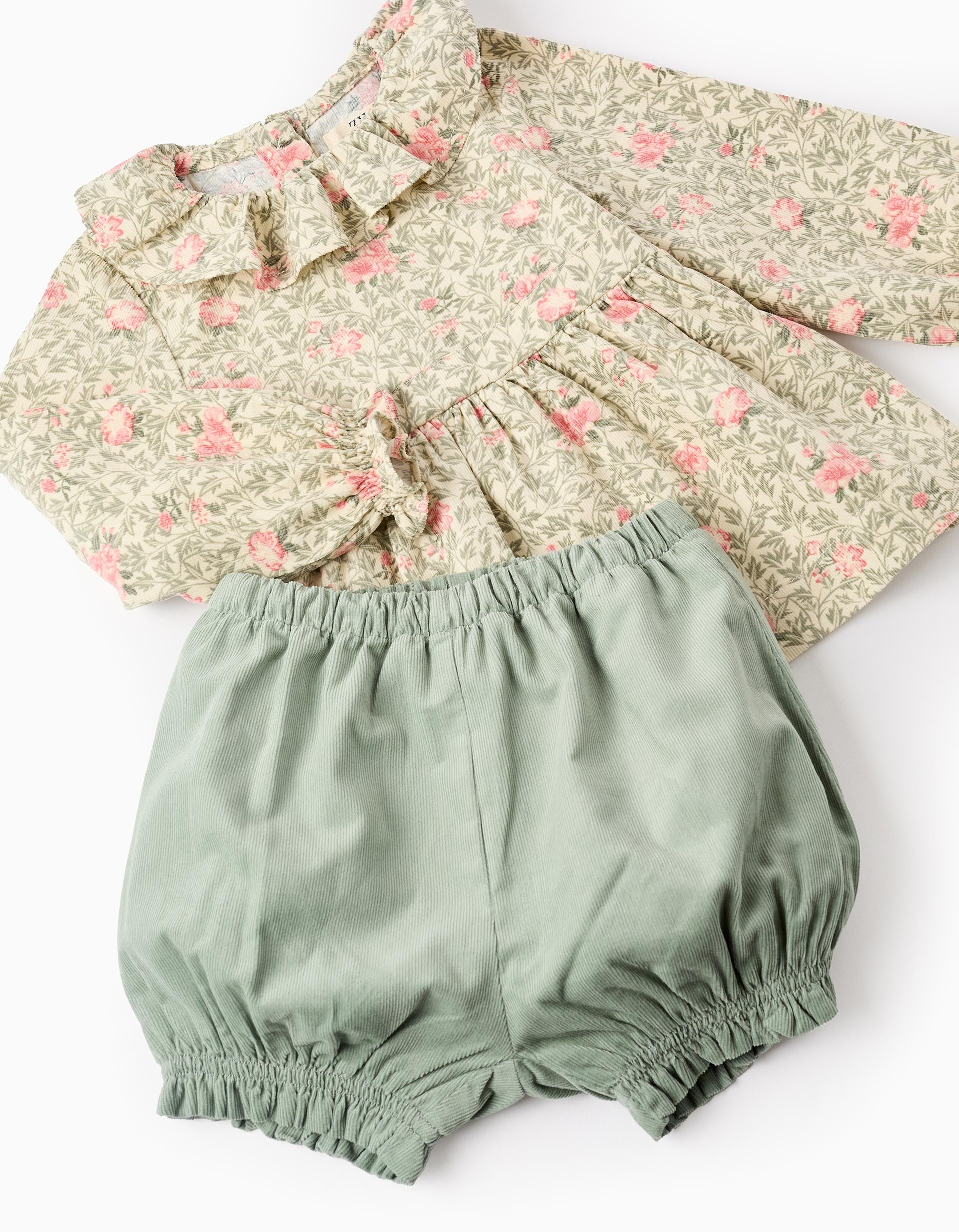 Chemisier Floral + Short pour Bébé Fille, Beige/Vert