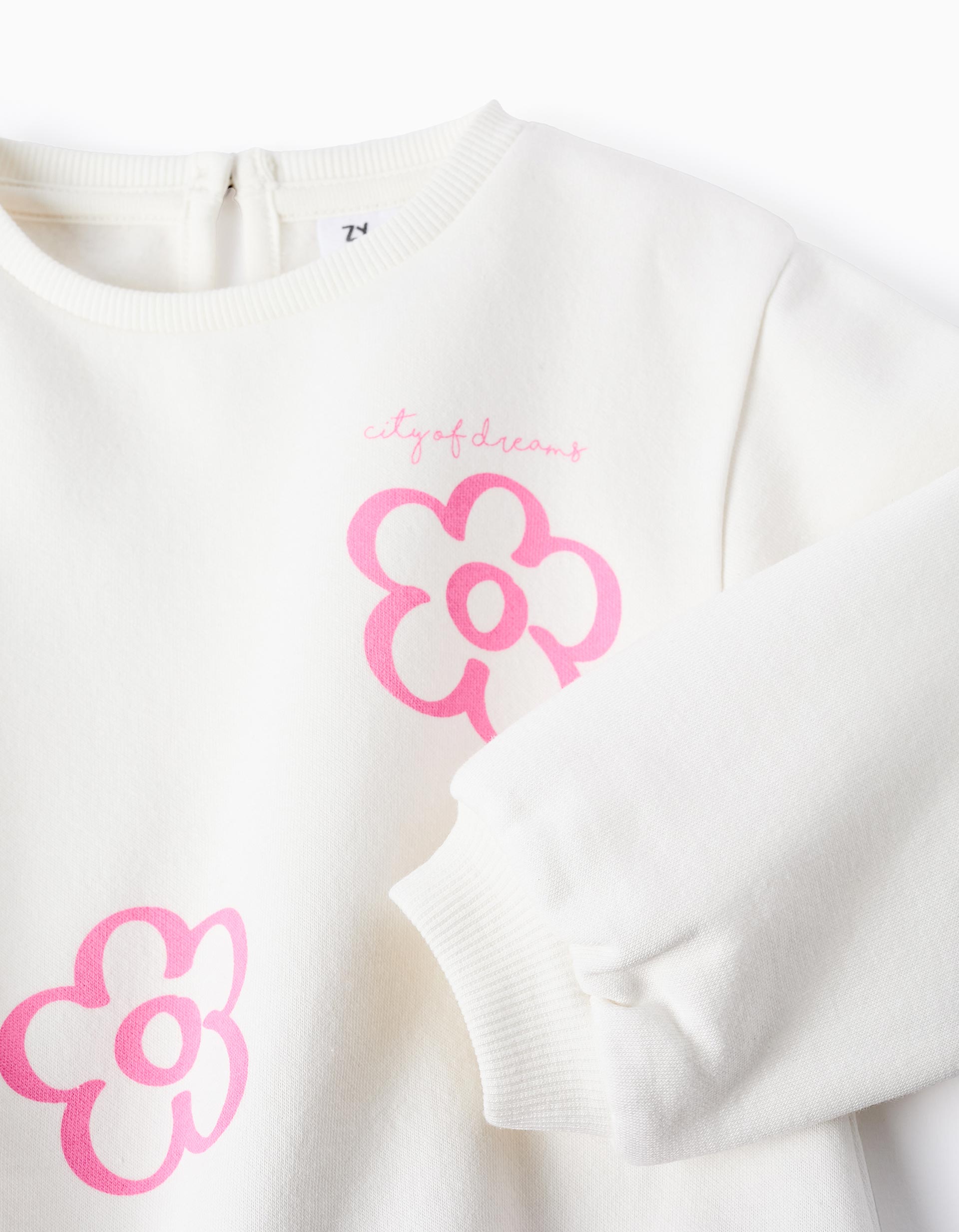 Fleece Sweatshirt with Flower Print for Baby Girls, White/Pink