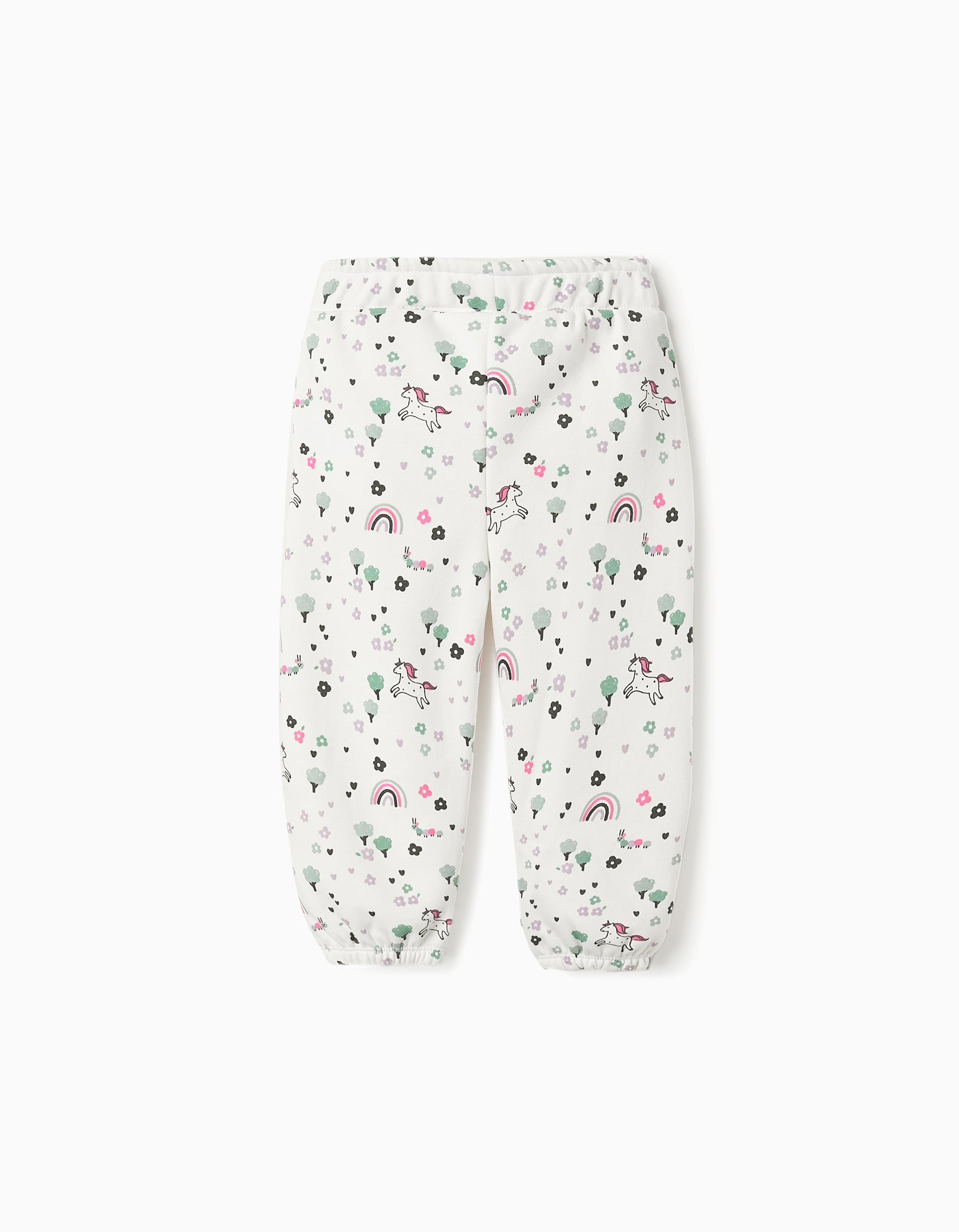 Pantalón Perchado para Bebé Niña 'Flores & Unicornios', Blanco