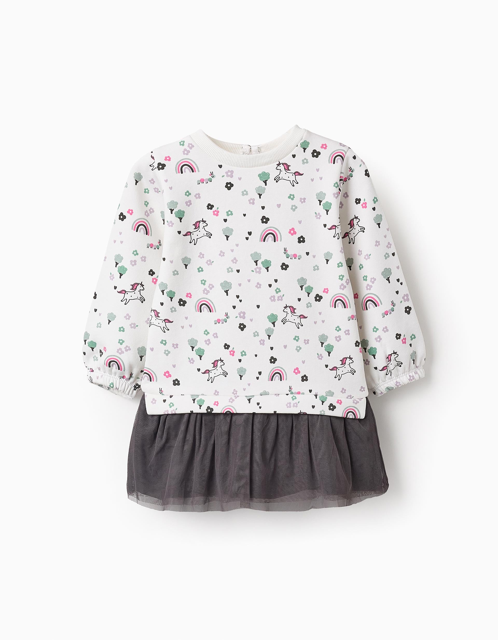 Vestido con Falda de Tul para Bebé Niña 'Unicornio', Blanco/Gris