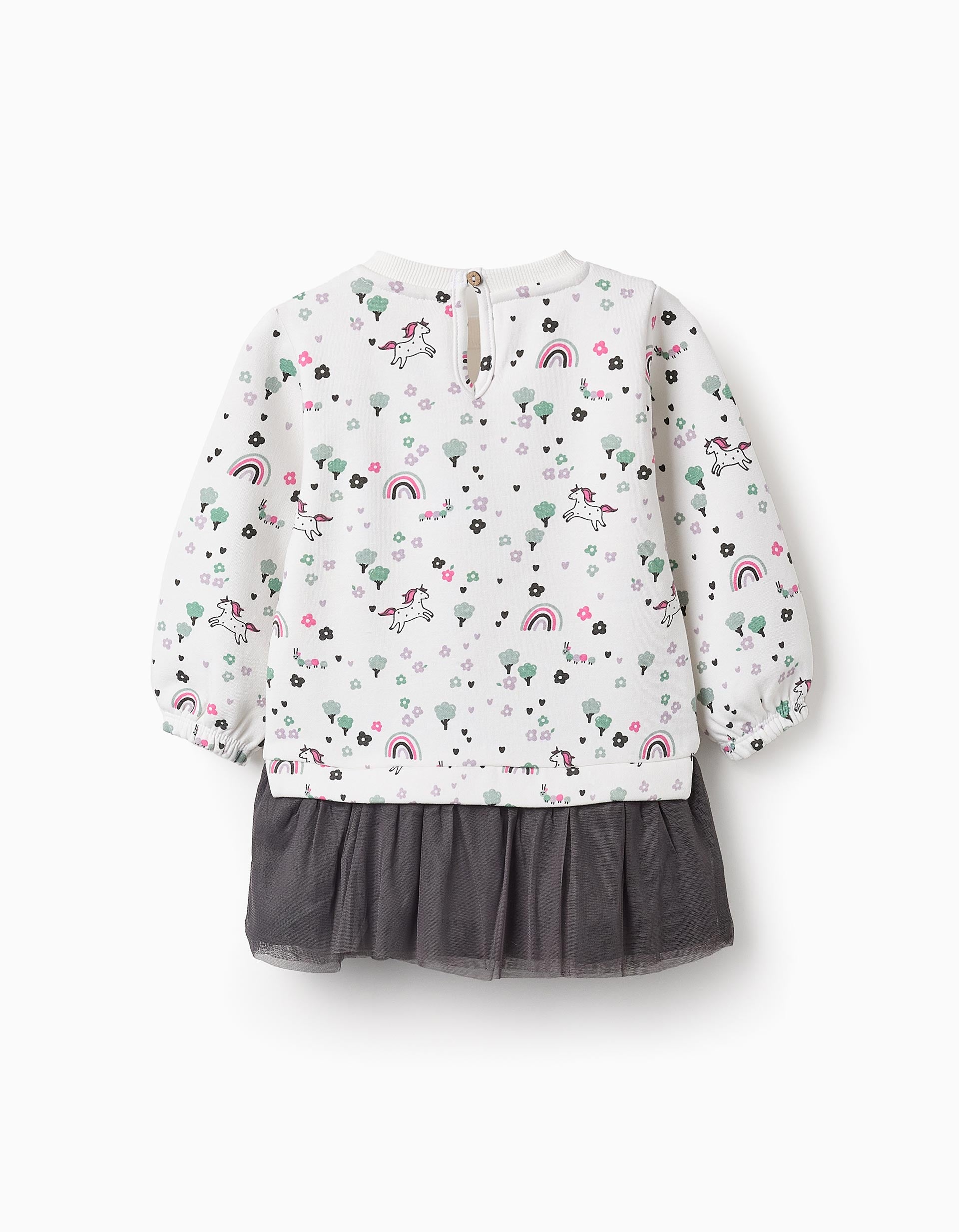 Vestido com Saia de Tule para Bebé Menina 'Unicórnio', Branco/Cinza