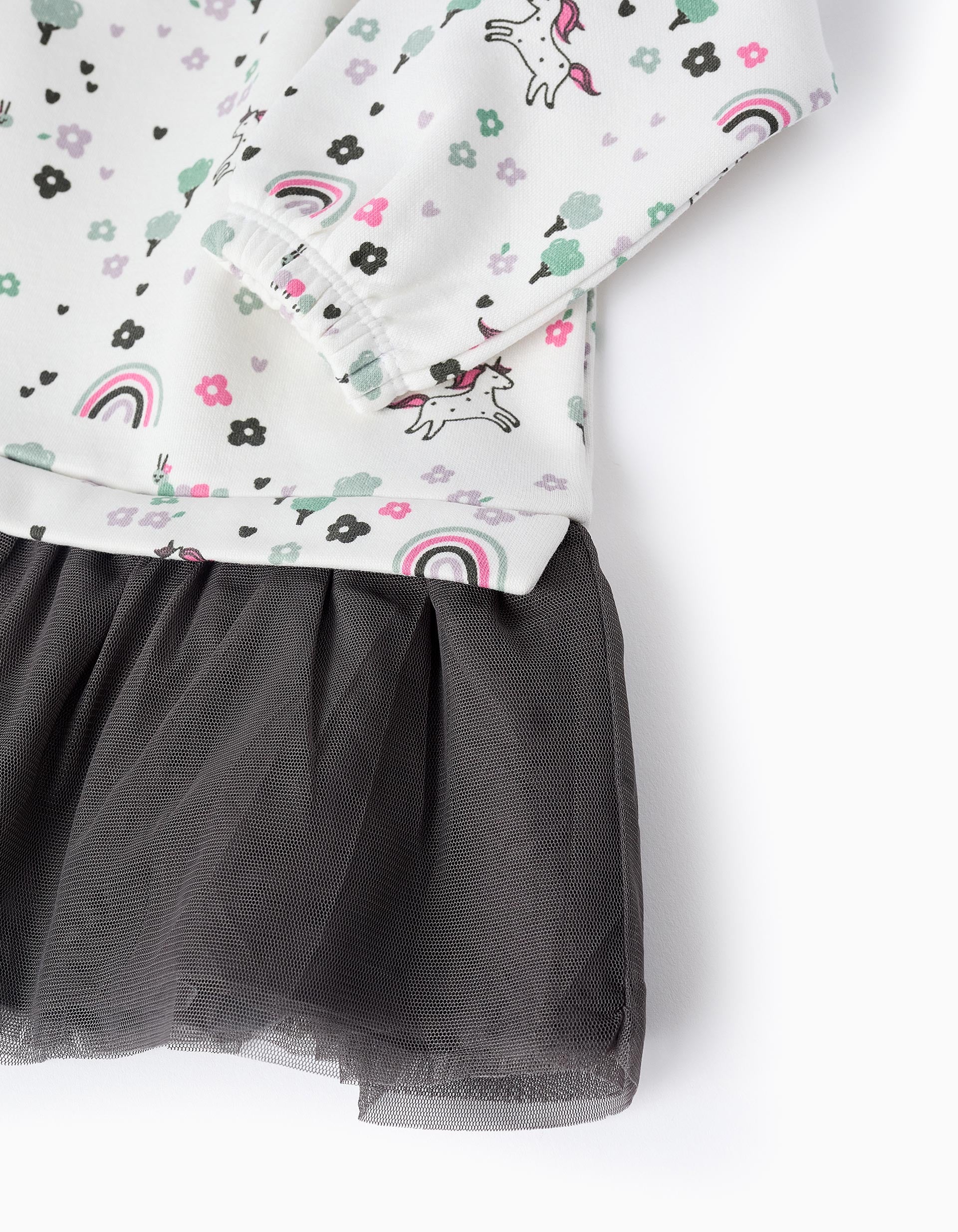 Vestido con Falda de Tul para Bebé Niña 'Unicornio', Blanco/Gris