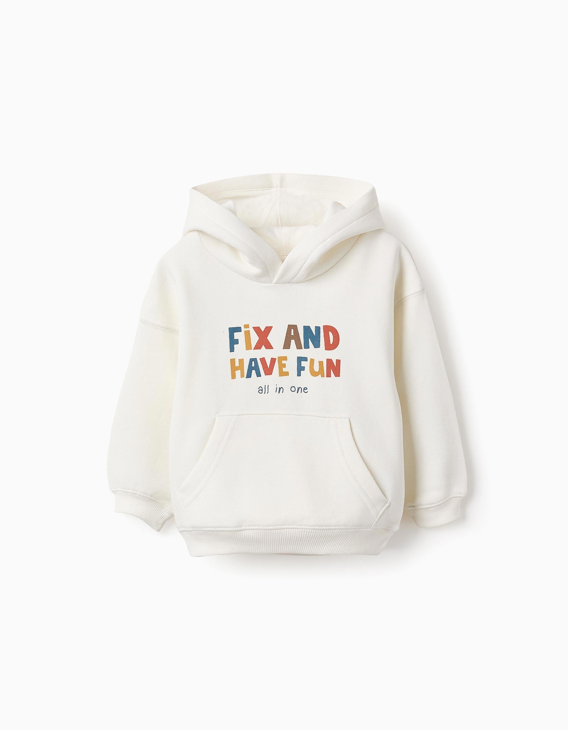 Sweat Cardada com Capuz e Bolso Canguru para Bebé Menino 'Fix', Branco