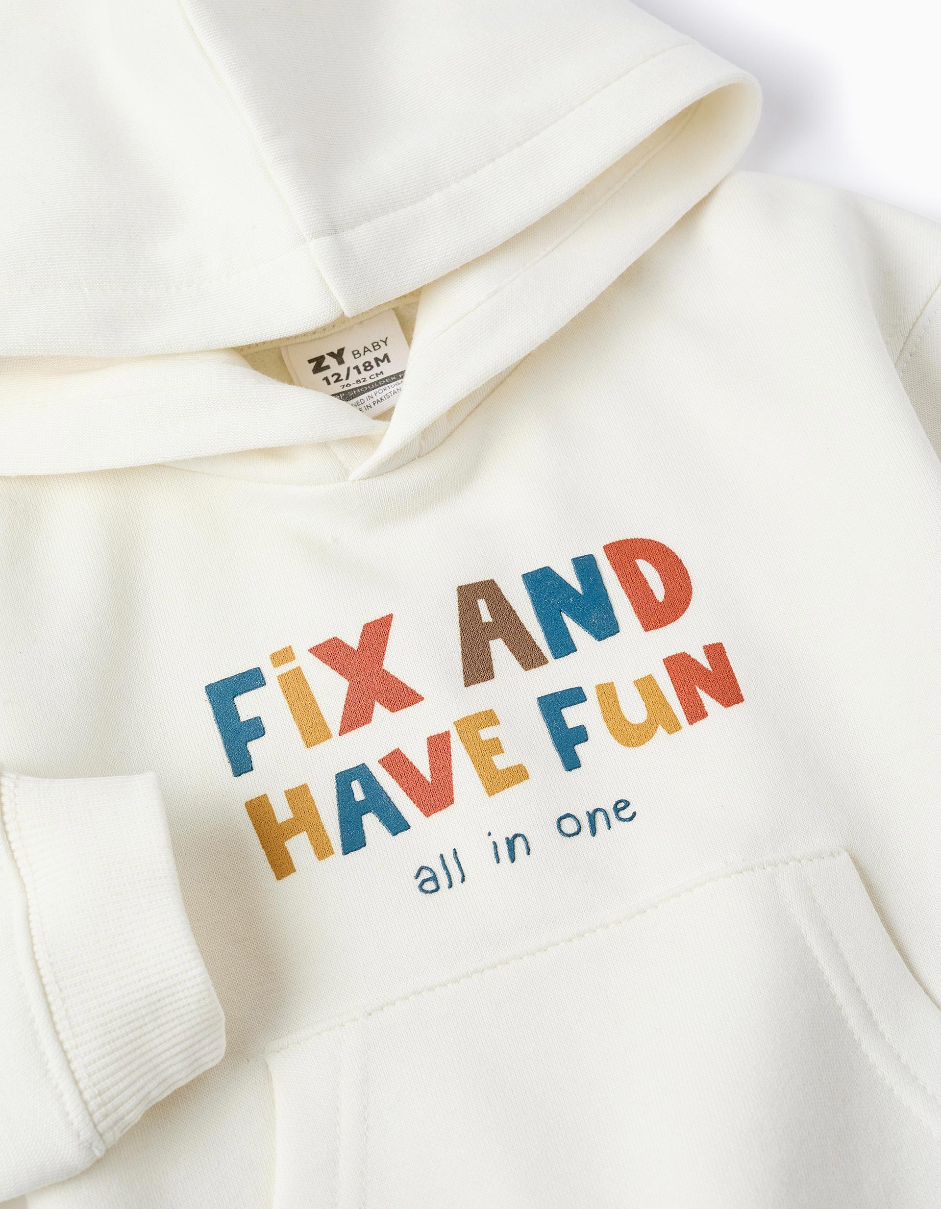 Sweat Cardada com Capuz e Bolso Canguru para Bebé Menino 'Fix', Branco