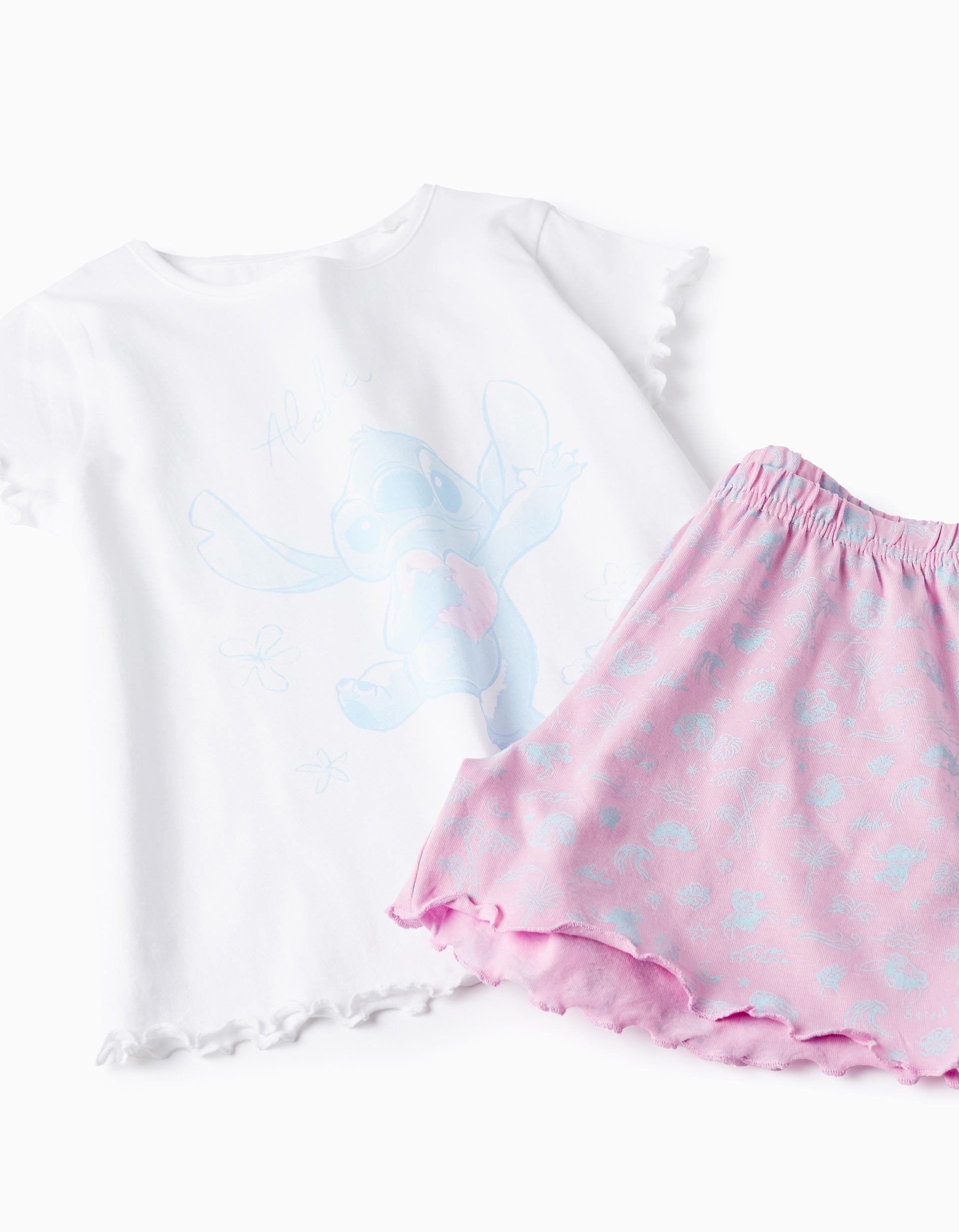 Pijama de Algodão para Menina 'Stitch', Branco/Rosa/Azul