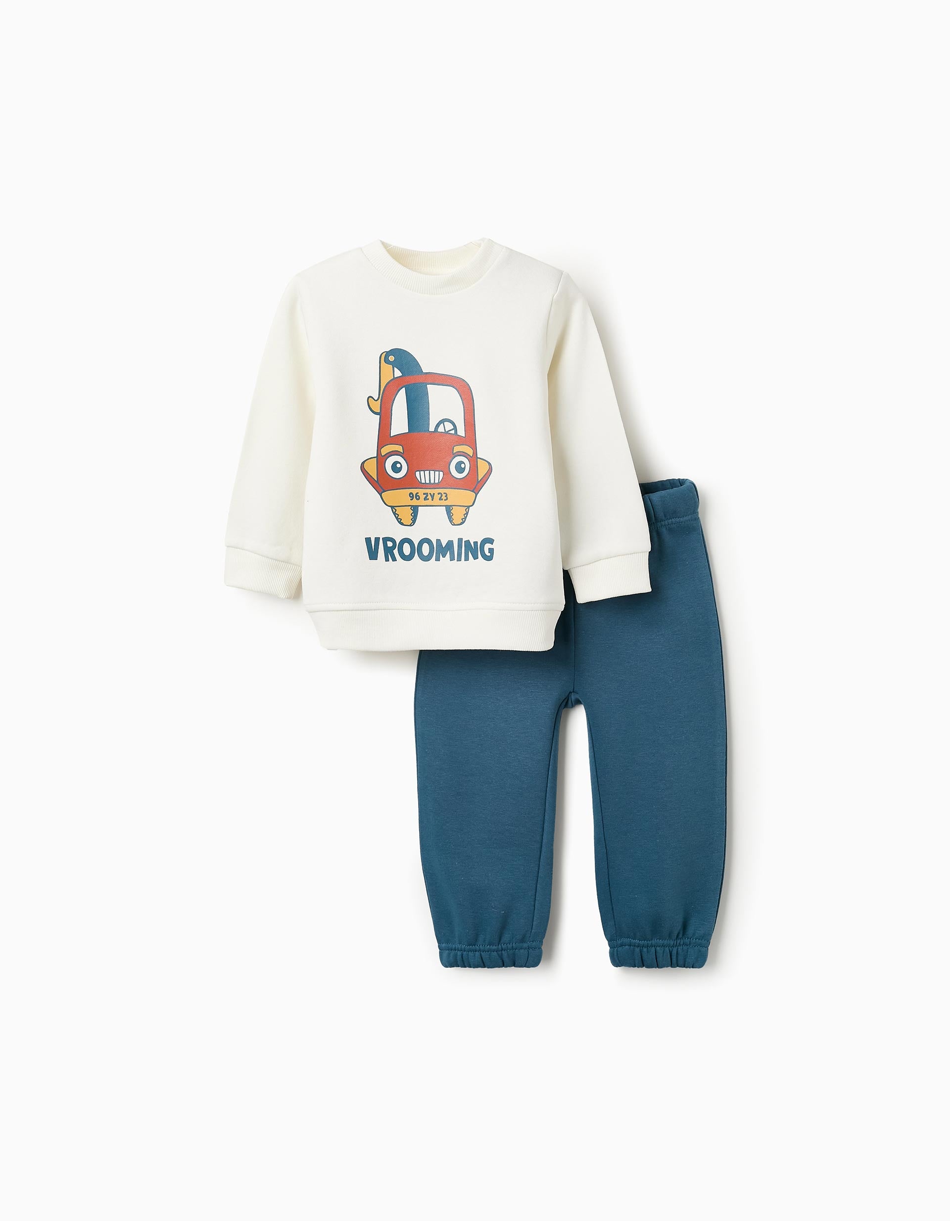 Sweat + Pantalon de Jogging Gratté pour Bébé Garçon 'Vroom', Blanc/Bleu