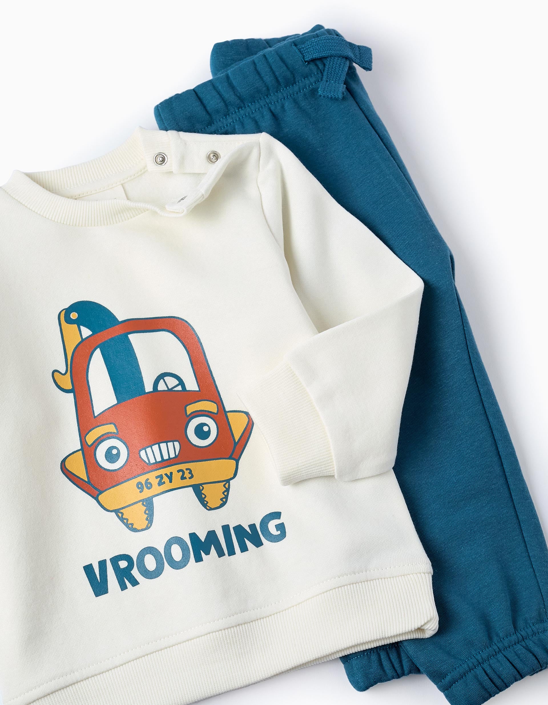 Sweat + Pantalon de Jogging Gratté pour Bébé Garçon 'Vroom', Blanc/Bleu