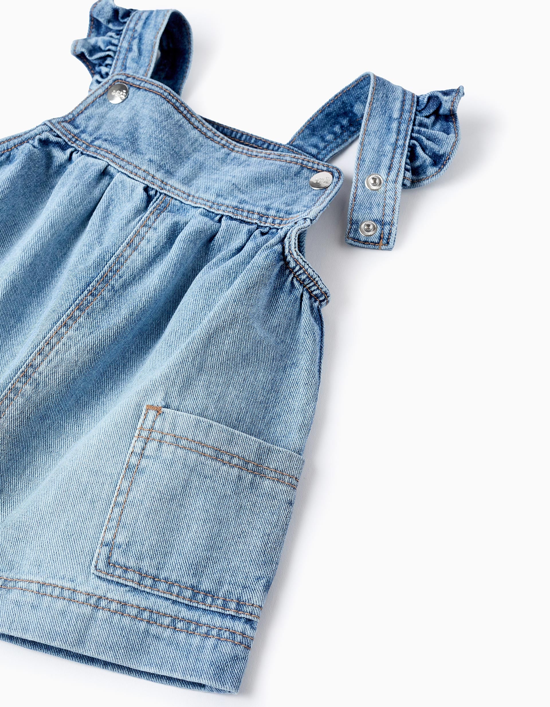 Pinafore Dress in Cotton Denim with Ruffles for Baby Girls, Blue