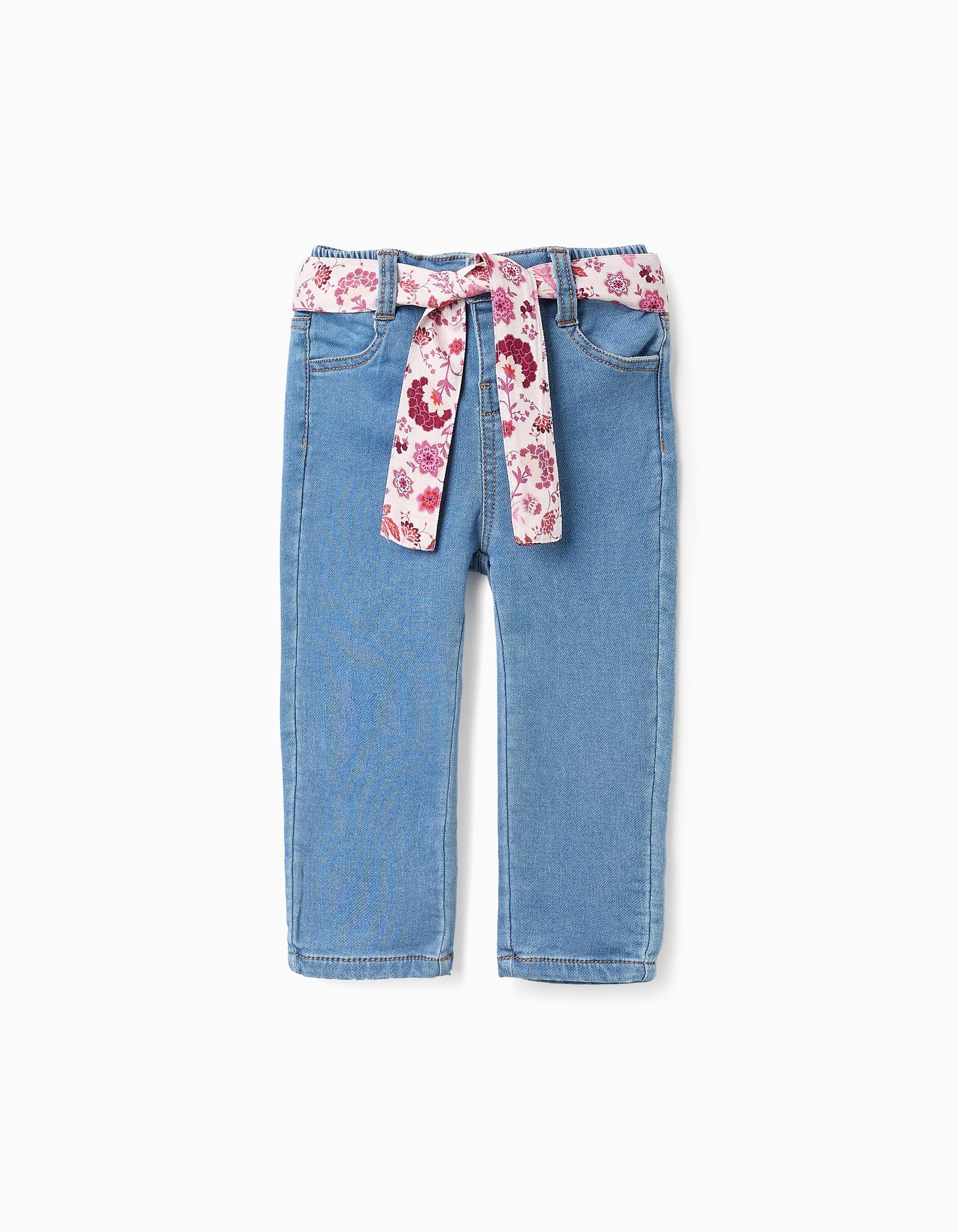 Denim Trousers with Floral Ribbon for Baby Girls 'Flare Fit', Blue