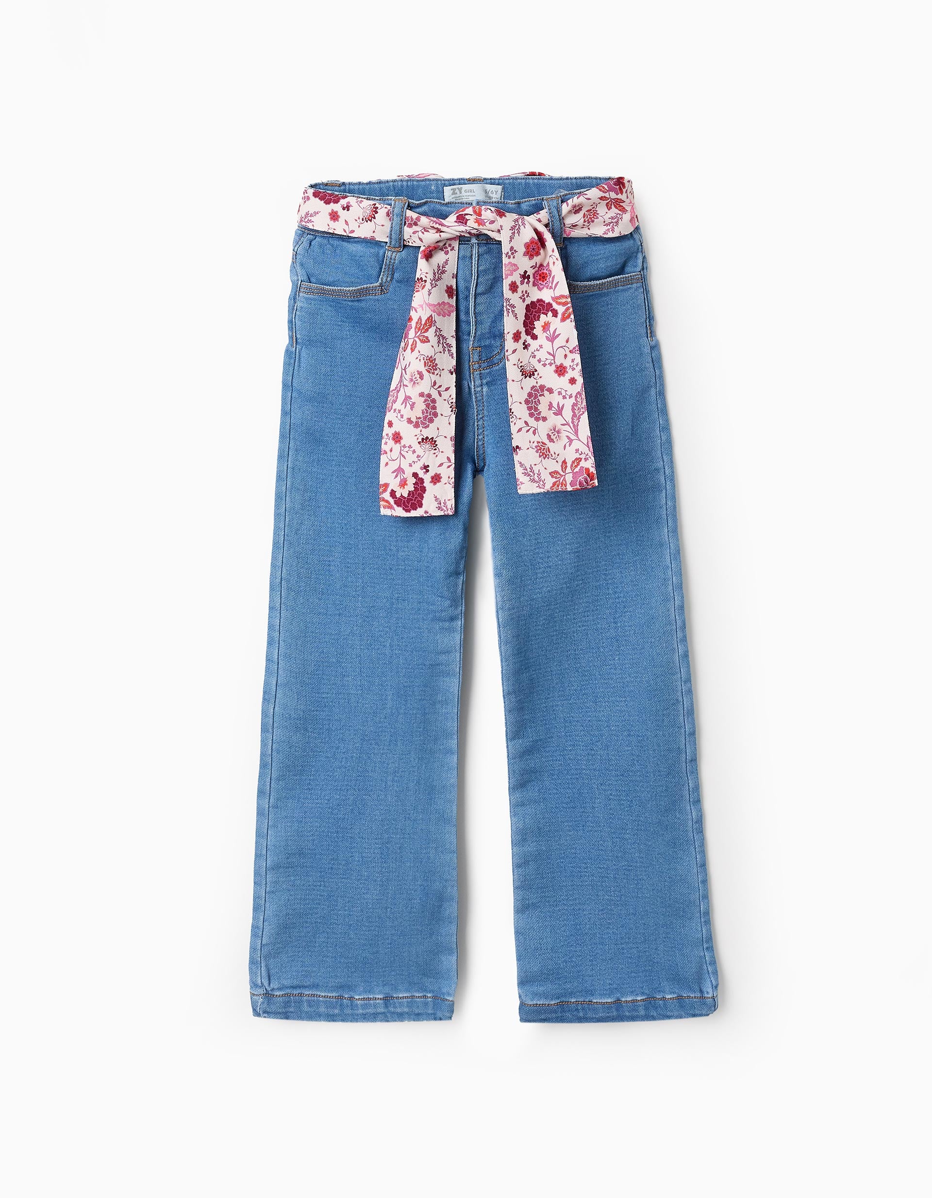 Denim Trousers with Floral Ribbon for Girls 'Flare Fit', Blue