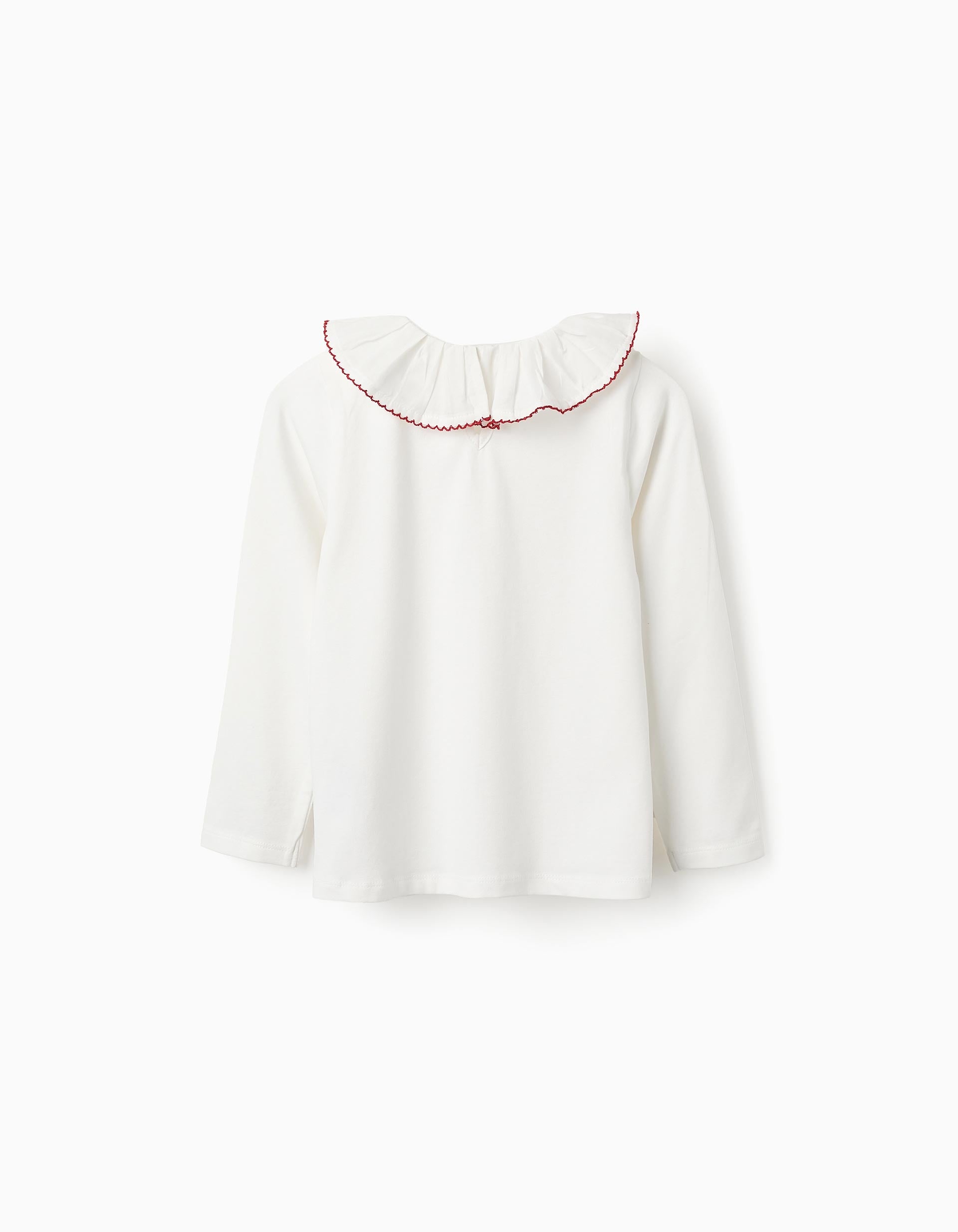 Camiseta de Manga Larga con Cuello de Volantes para Niña, Blanco