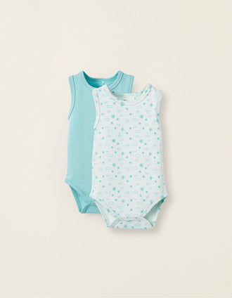 Pack of 2 Sleeveless Cotton Bodysuits for Baby Boys, Aqua Green