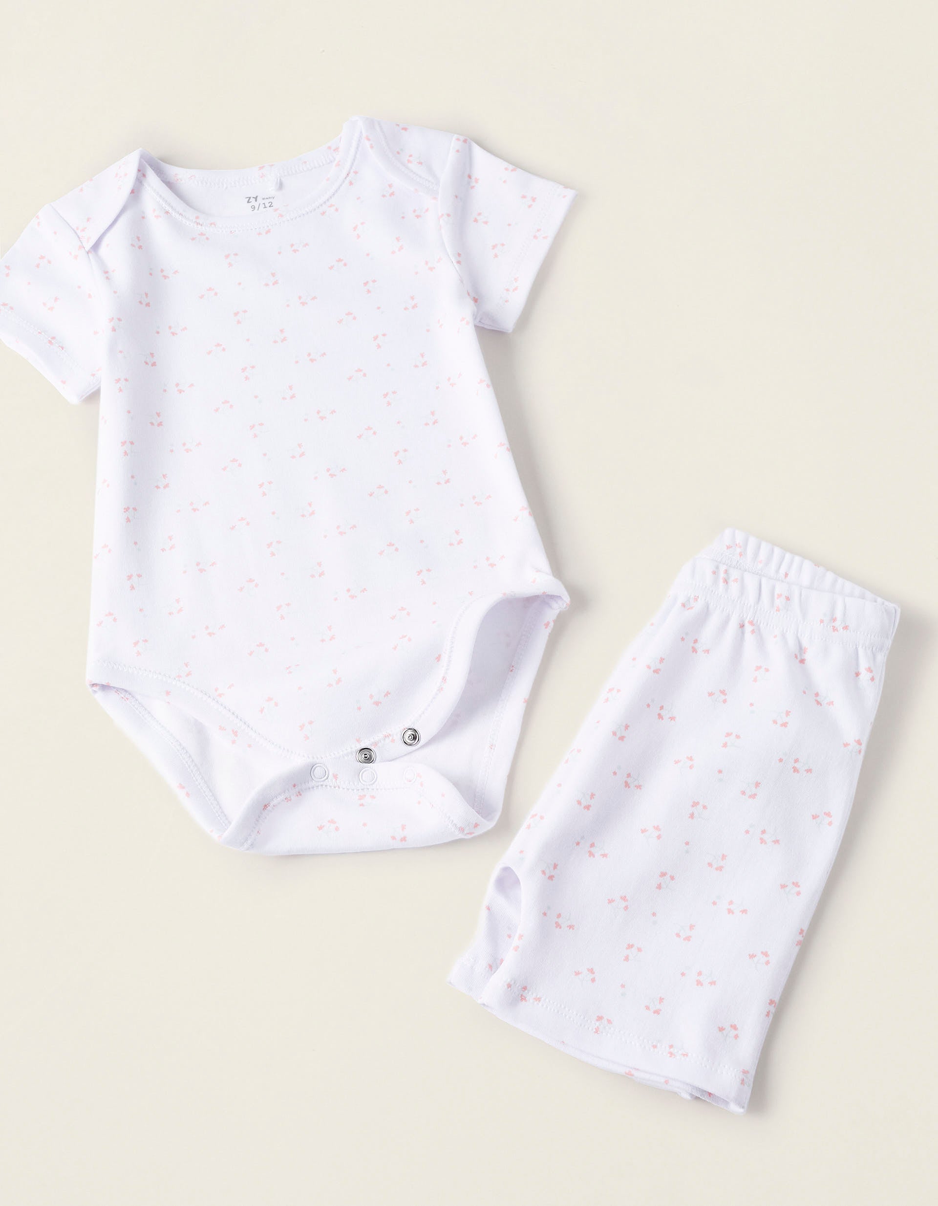 Body + Short en Algodón para Bebé Niña 'Flores', Blanco