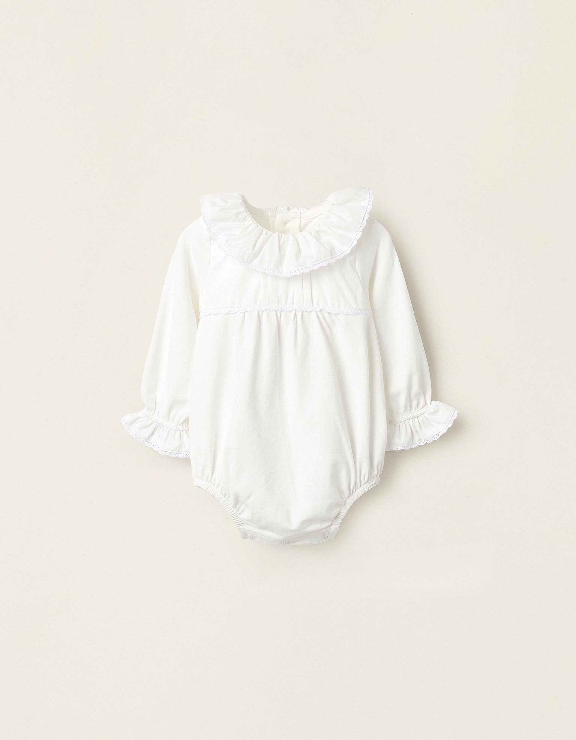 Bodysuit with Frills and Lace for Newborn Girls, White