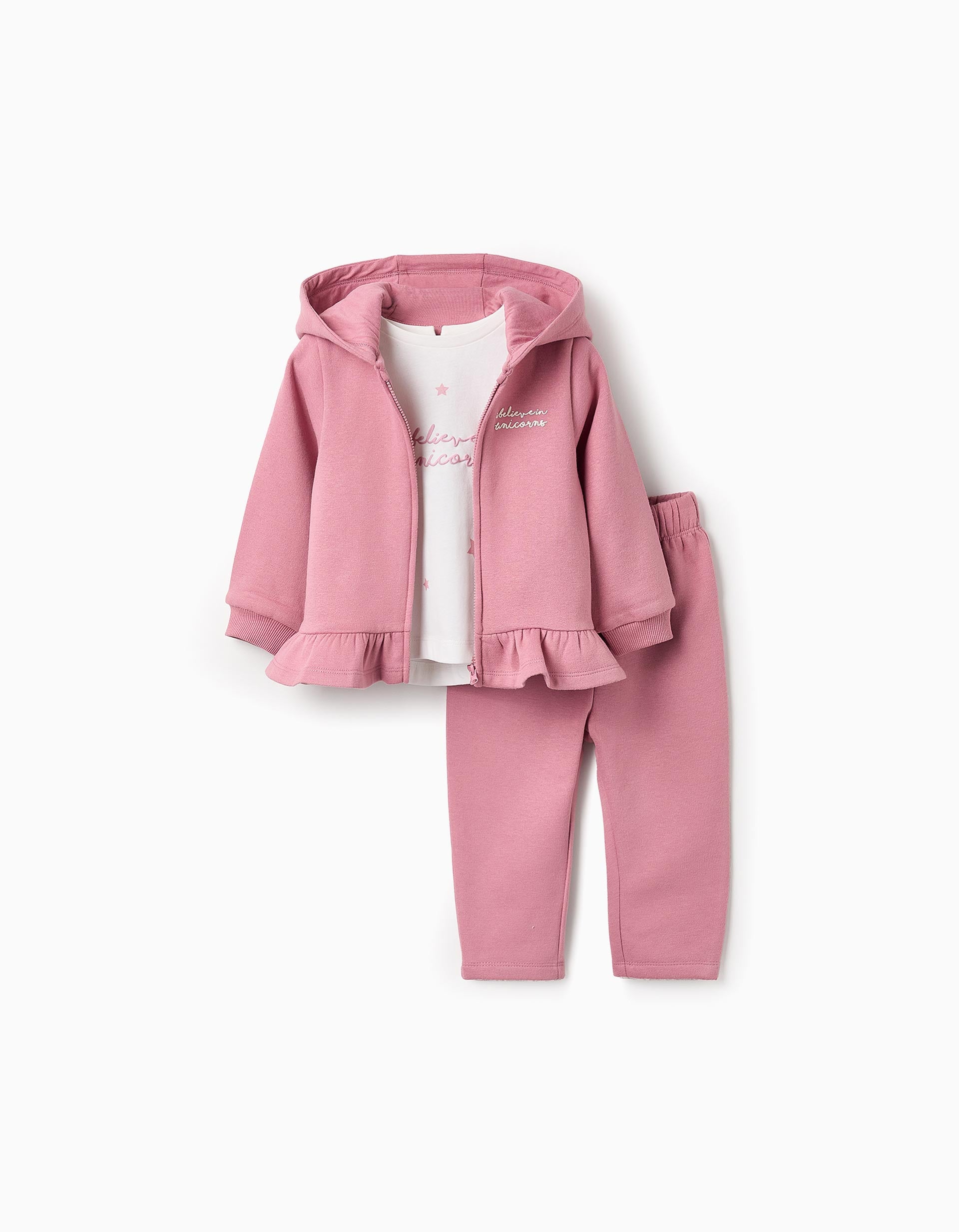 Chaqueta + Camiseta + Pantalón Perchado para Bebé Niña 'Unicornios', Rosa