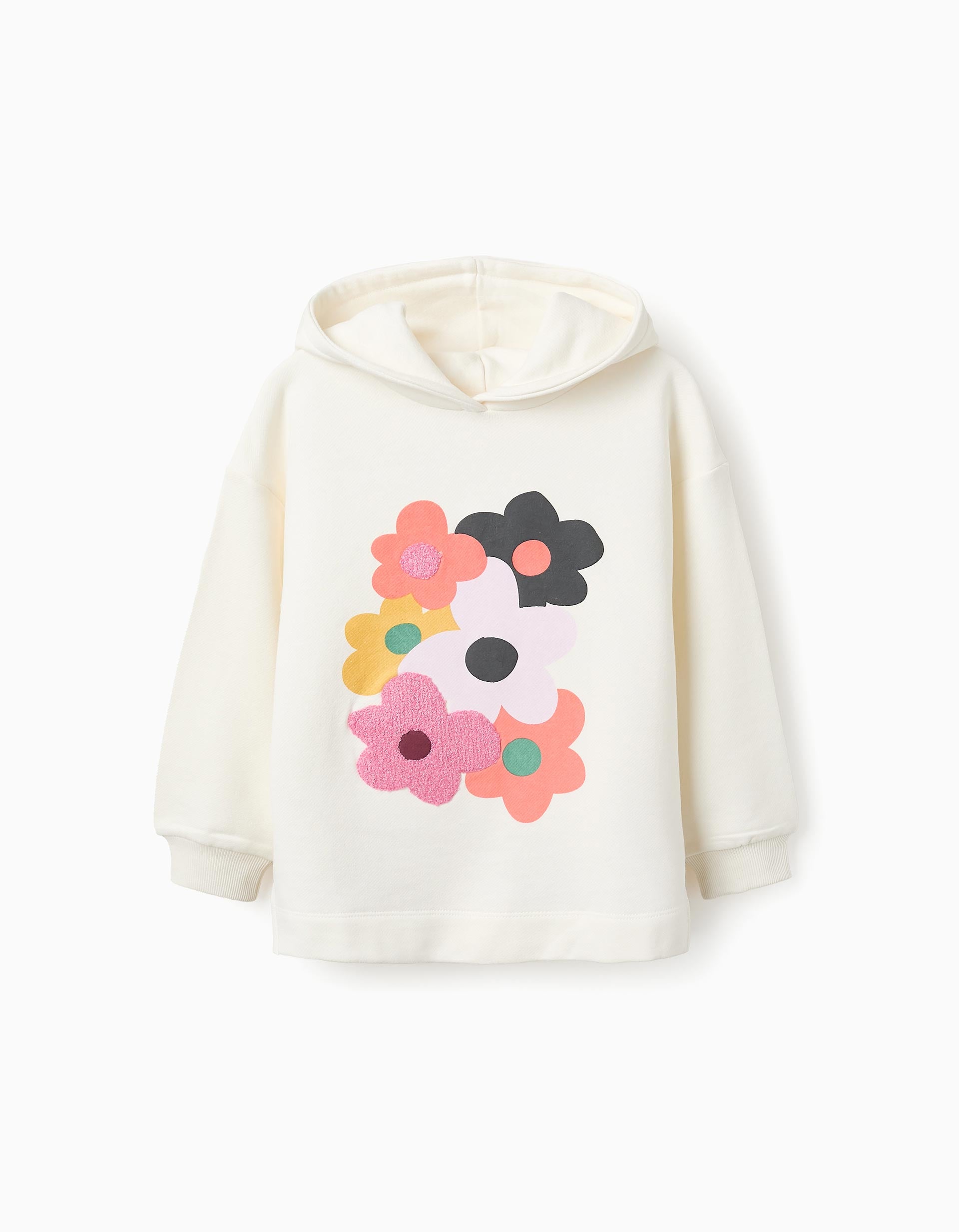 Sweat de Algodão com Capuz para Menina 'Flores', Branco