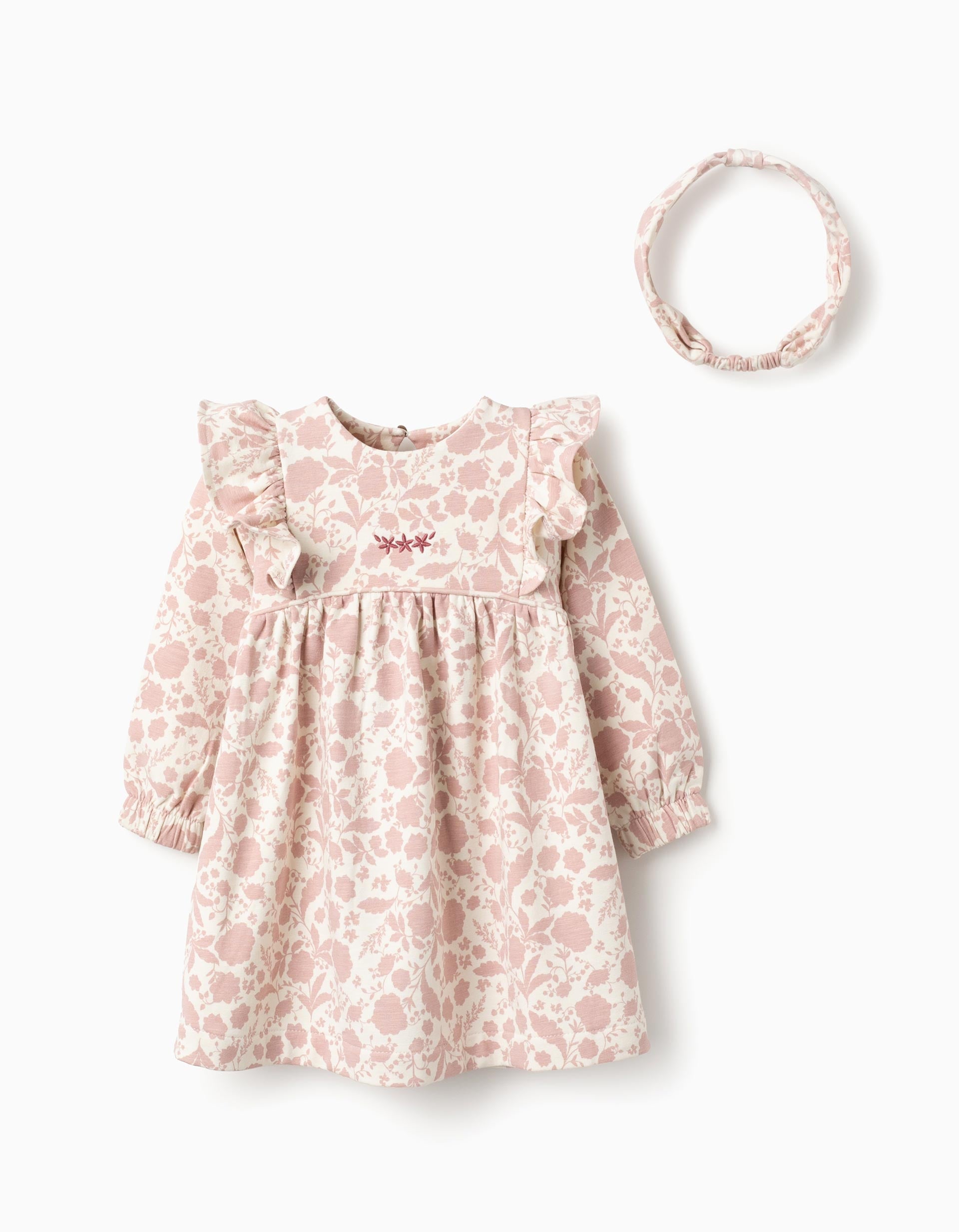 Vestido Floral + Fita de Cabelo para Bebé Menina, Branco/Rosa