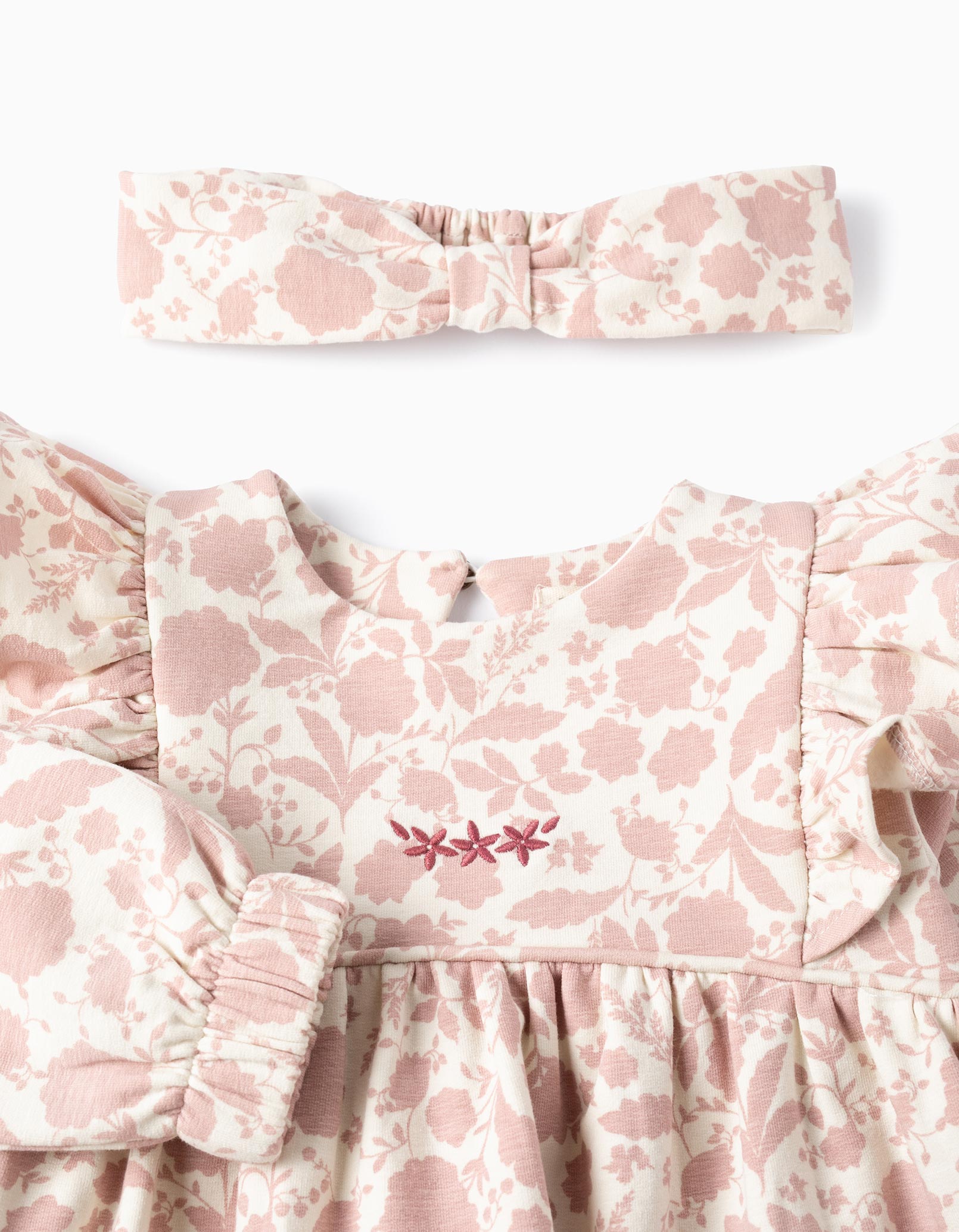 Vestido Floral + Fita de Cabelo para Bebé Menina, Branco/Rosa