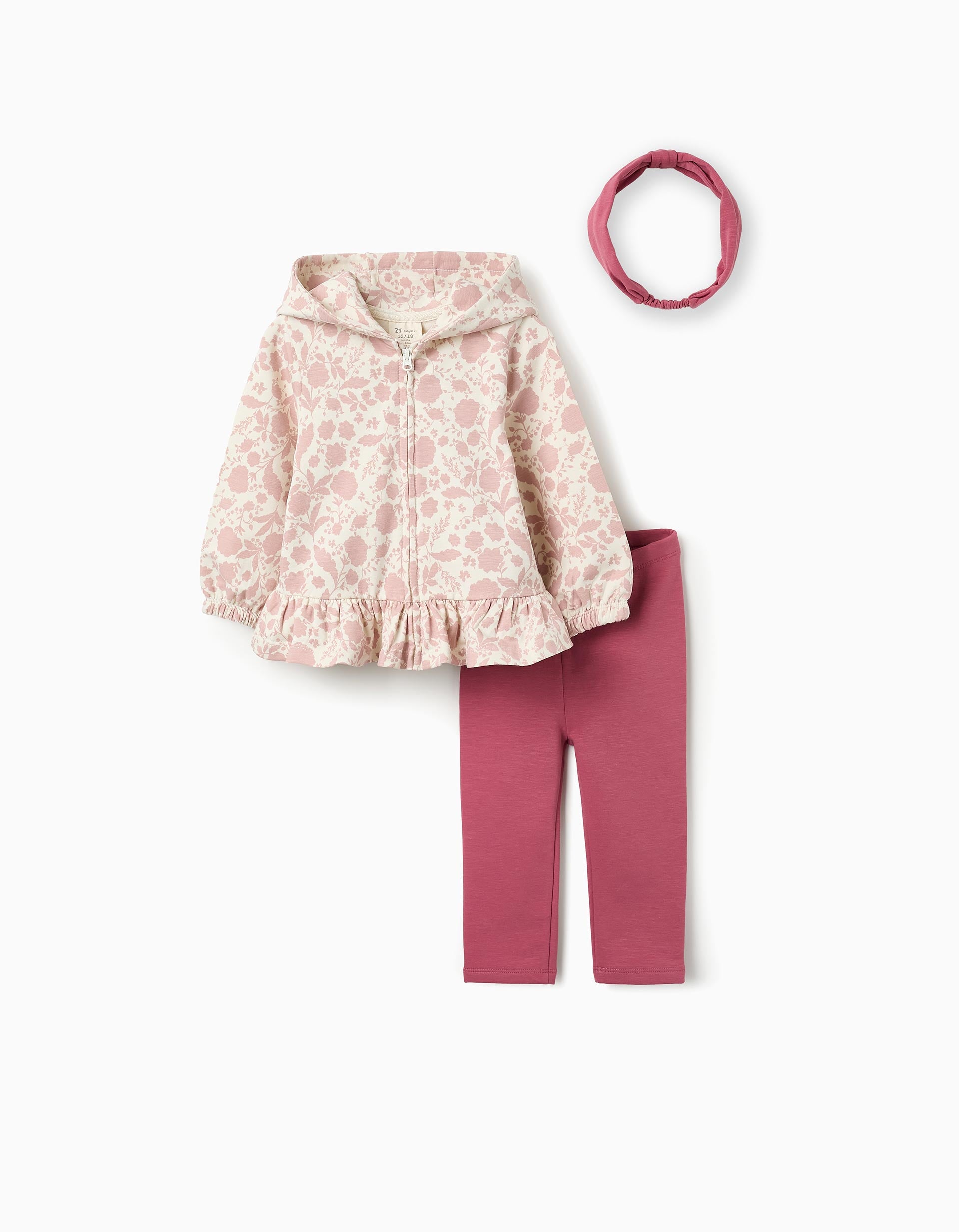 Floral Jacket + Trousers + Hairband for Baby Girls, White/Pink