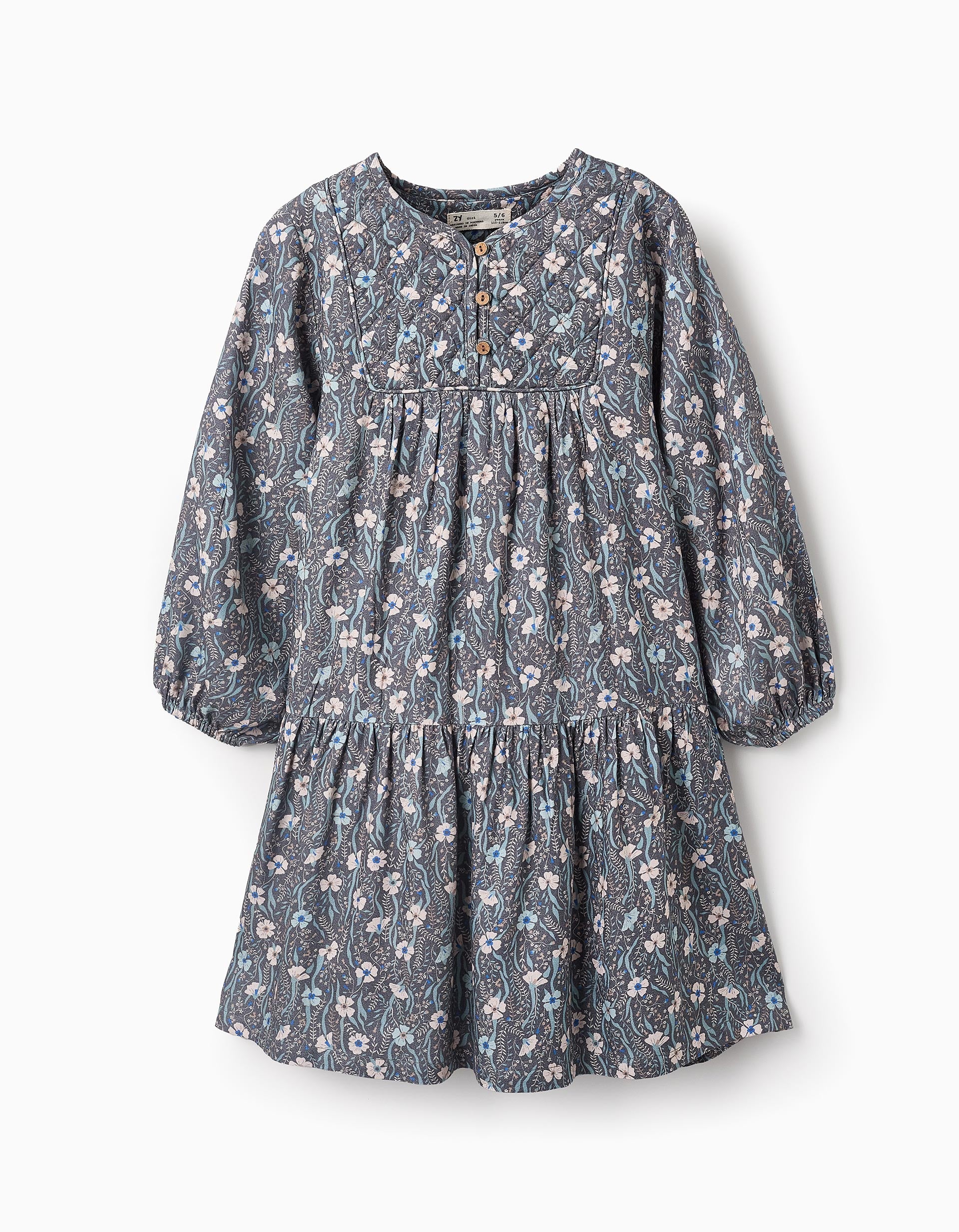 Vestido Floral com Forro de Algodão para Menina, Azul