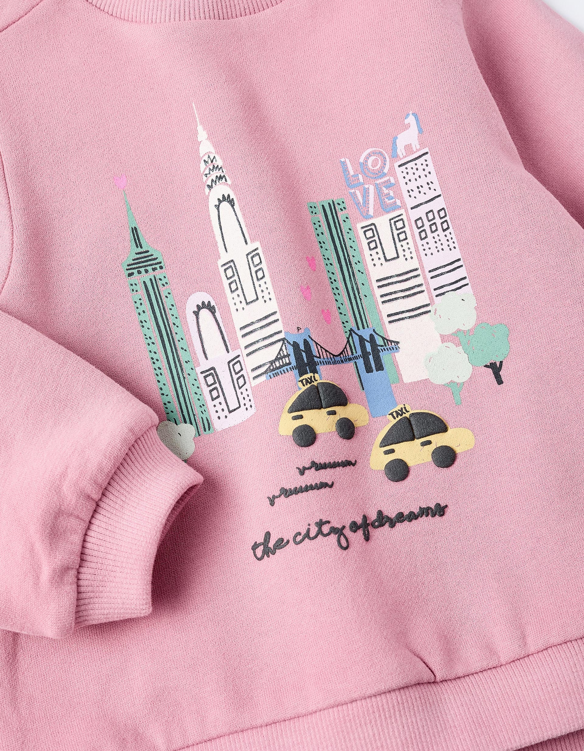 Fleece Cotton Sweatshirt for Baby Girls 'New York', Pink