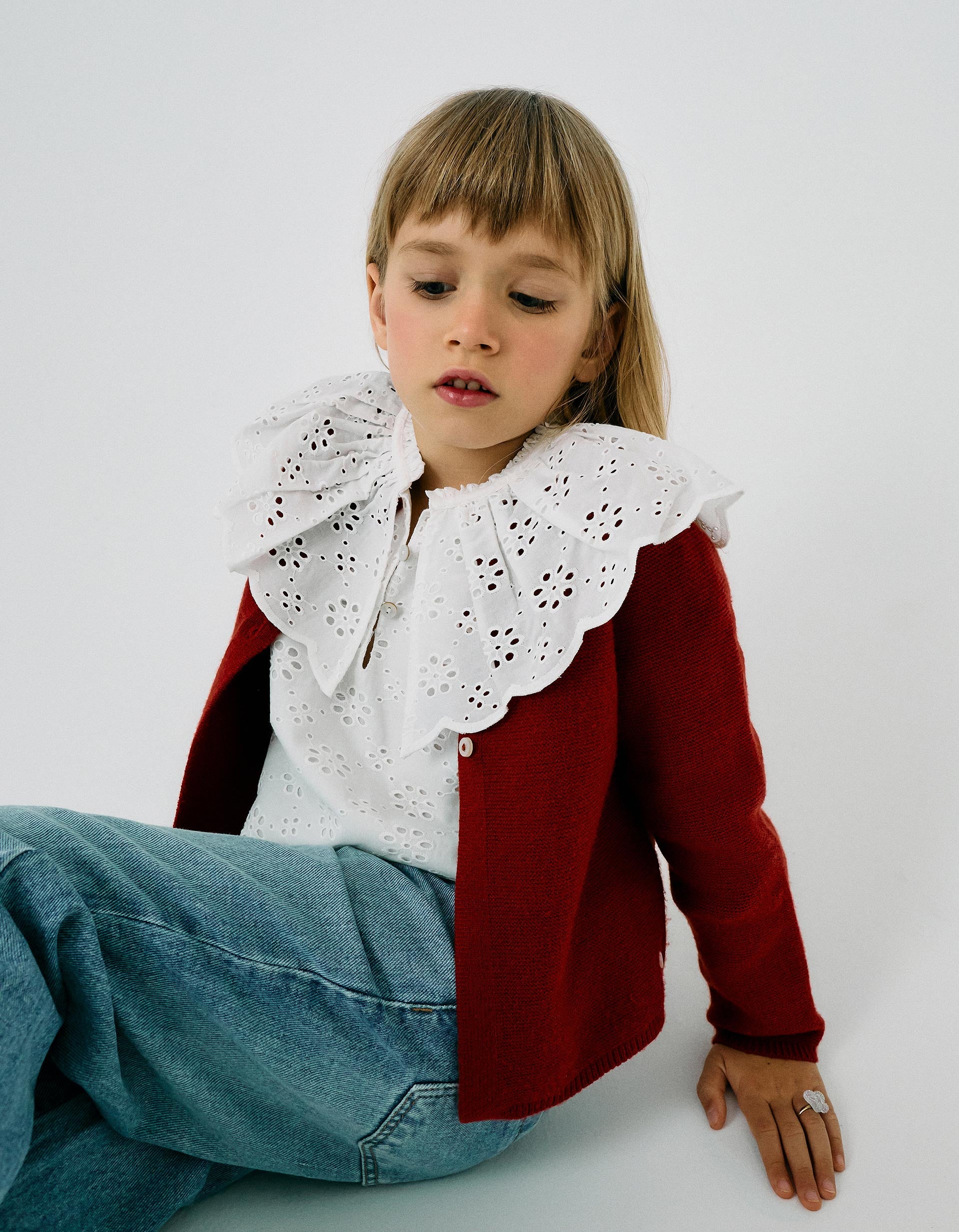 Cotton Blouse with Broderie Anglaise for Girls, White