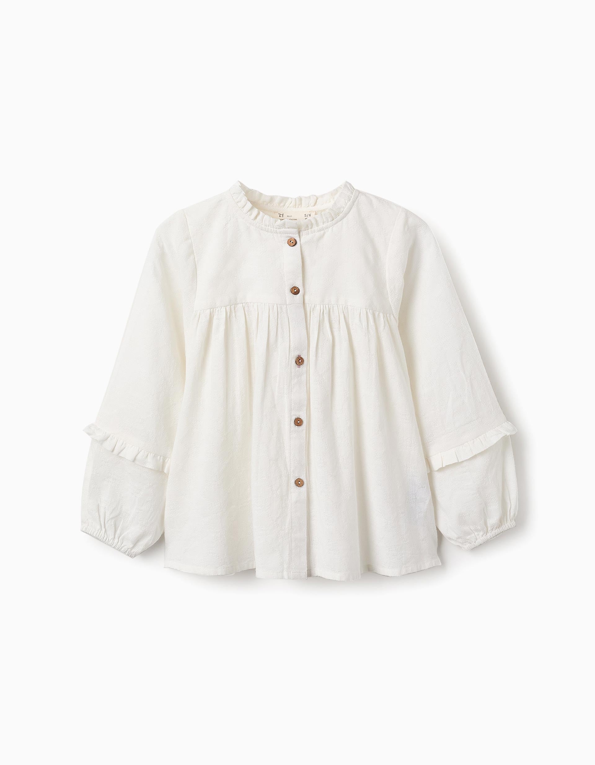 Camisa de Algodão com Folhos para Menina, Branco