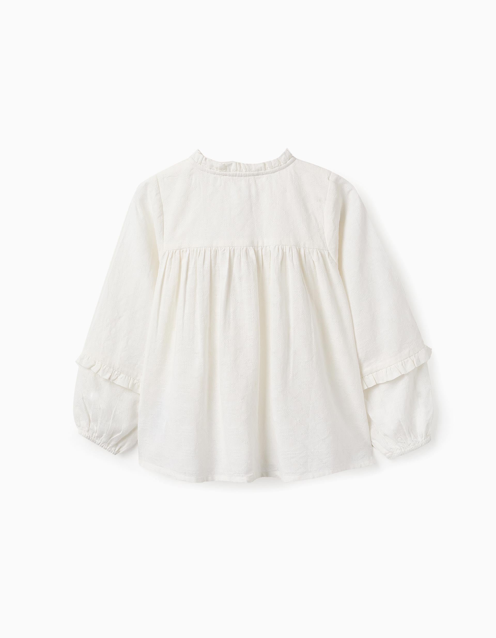 Camisa de Algodão com Folhos para Menina, Branco