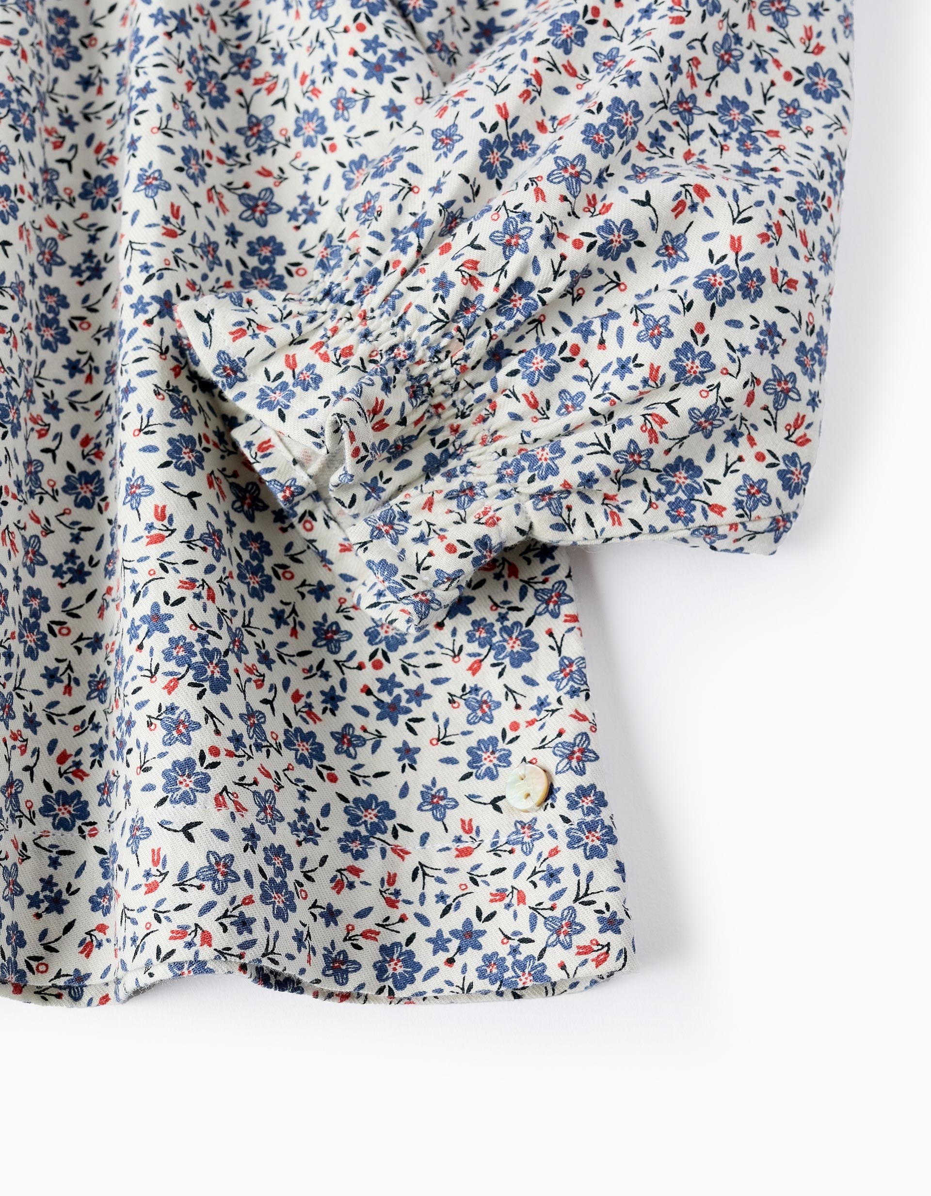 Blusa Floral en Sarga de Algodón para Niña, Blanco/Azul/Rojo